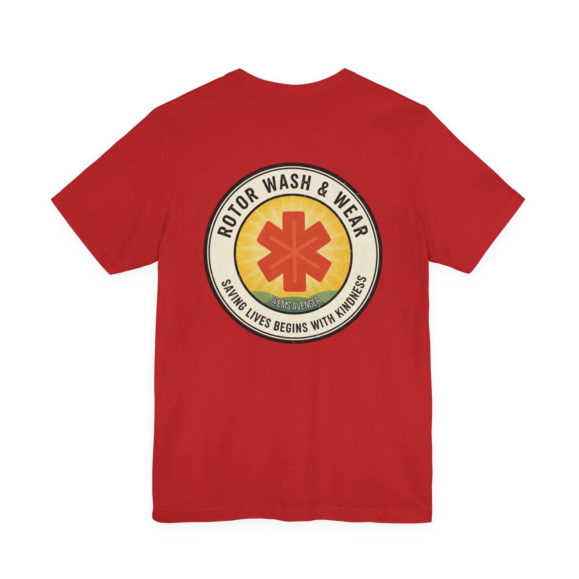 Red t-shirt with a logo for "Rotor Wash & Wear" and EMS Avenger with text "Saving lives begins with kindness" on the back on a white background