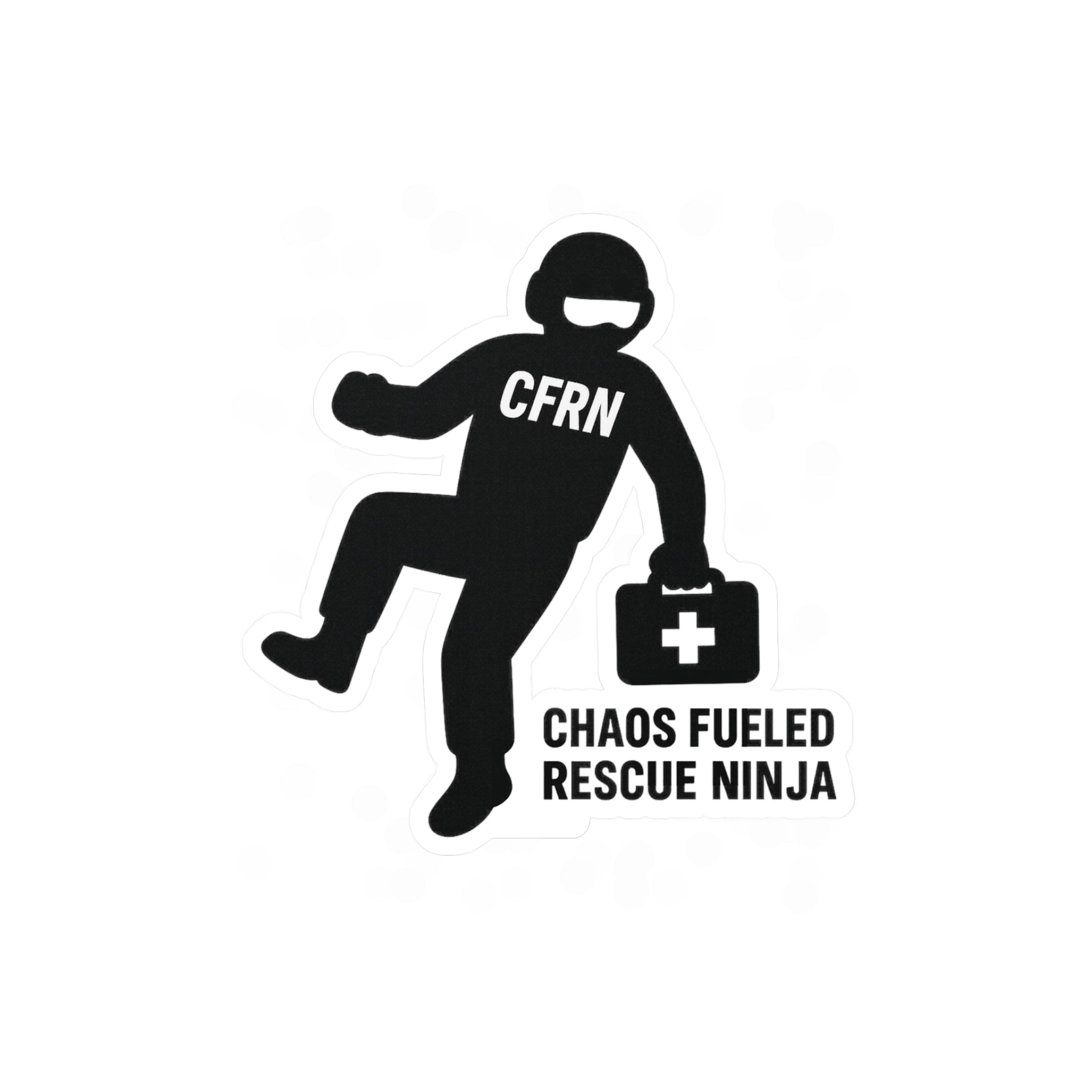 Black silhouette of a flight nurse labeled 'CFRN' with a first aid kit, text 'Chaos Fueled Rescue Ninja' by Rotor Wash & Wear