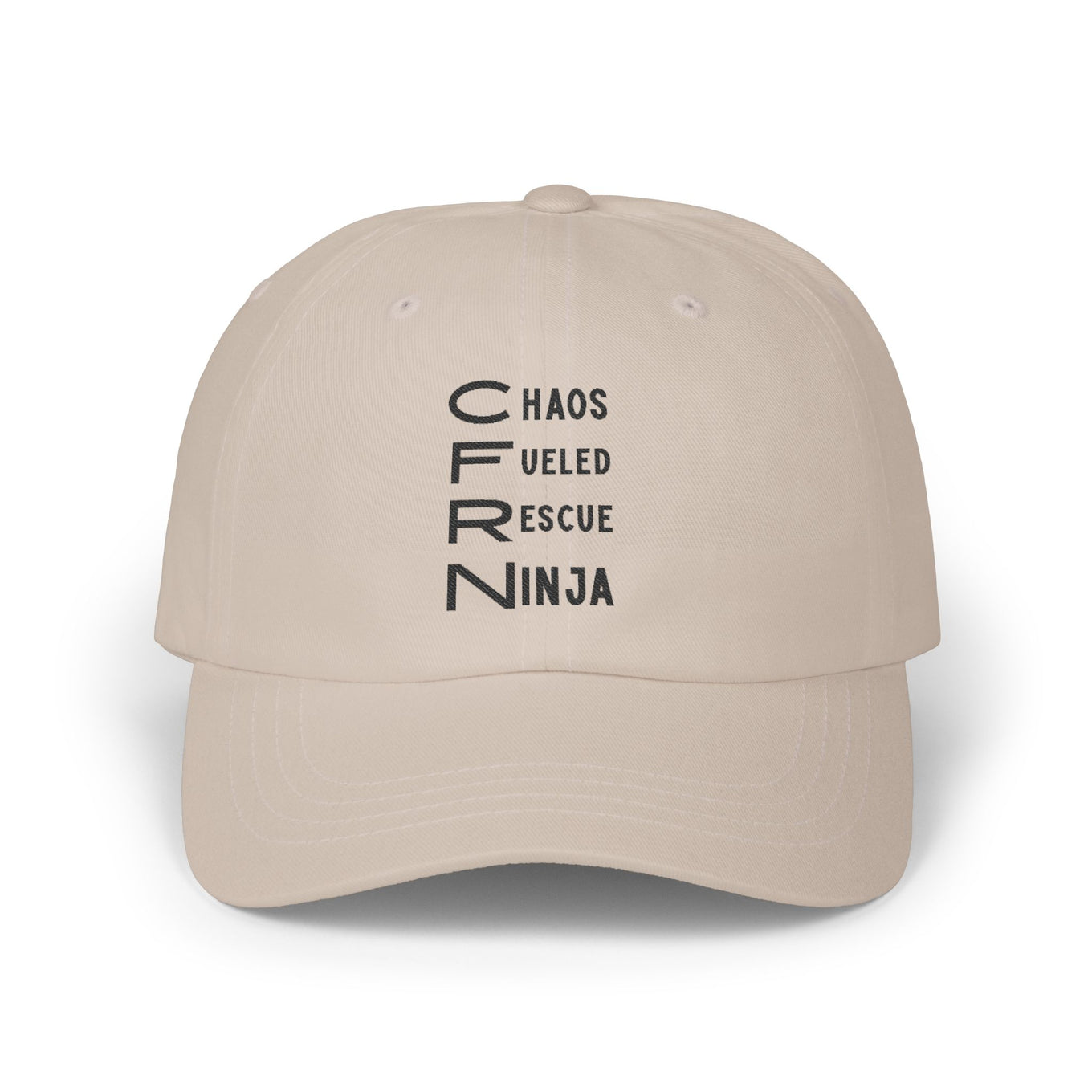 Beige cap with CFRN 'Chaos Fueled Rescue Ninja' text on a white background