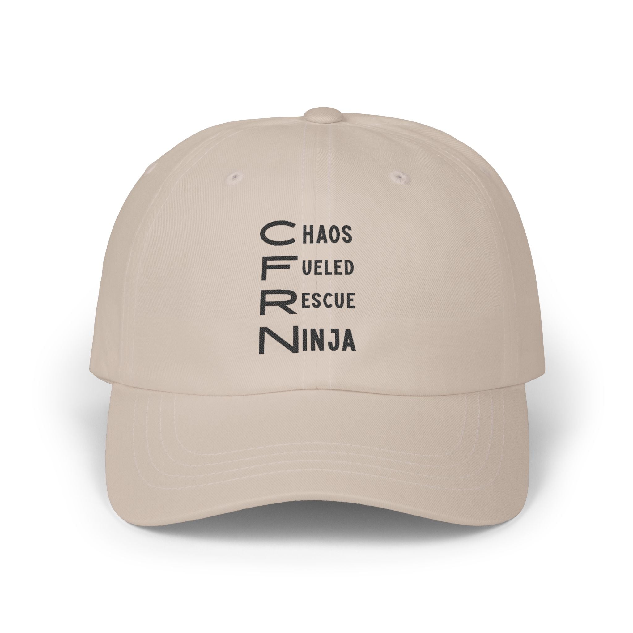Beige cap with CFRN 'Chaos Fueled Rescue Ninja' text on a white background