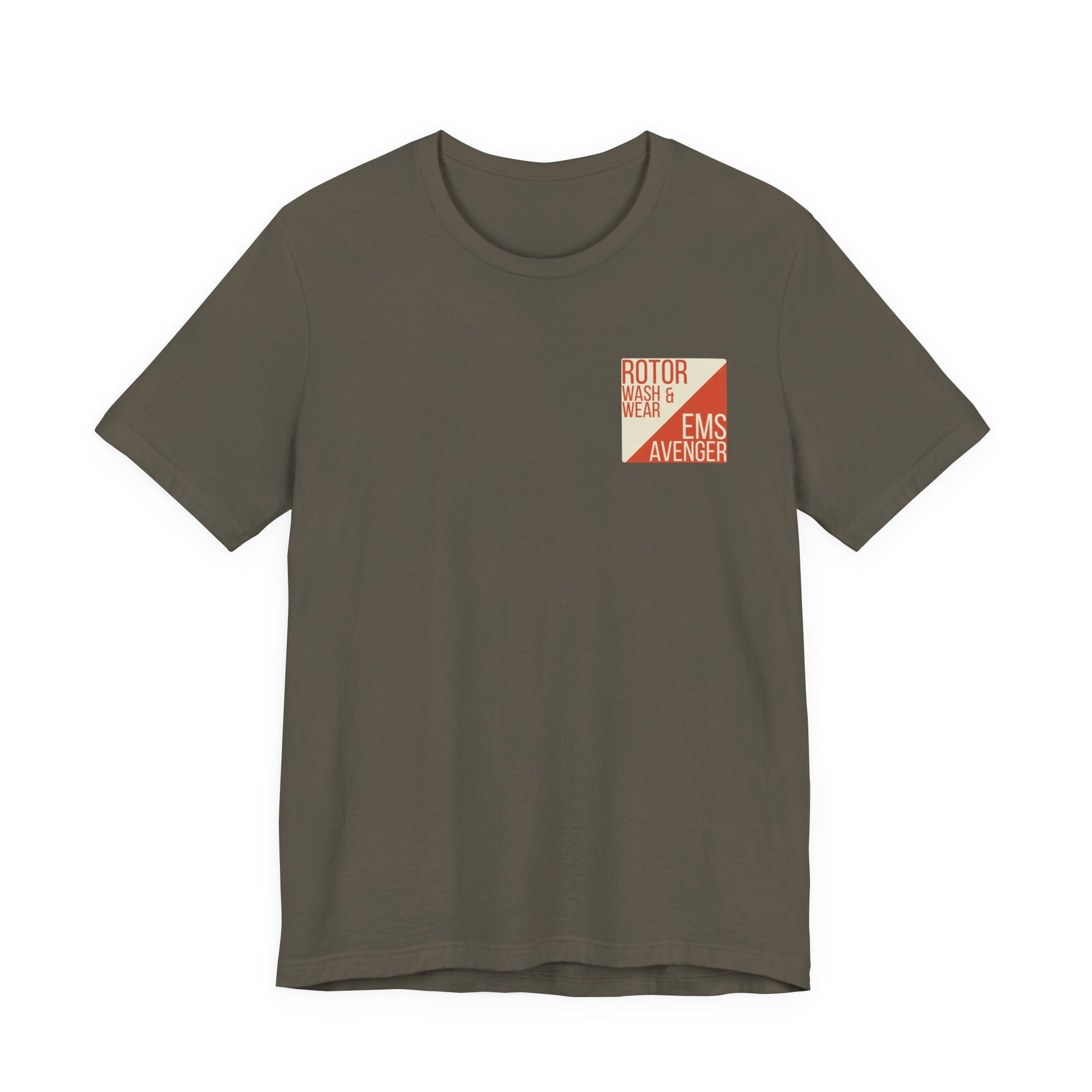 Army t-shirt with a logo on the chest of "Rotor Wash & Wear' and "EMS Avenger" against a white background