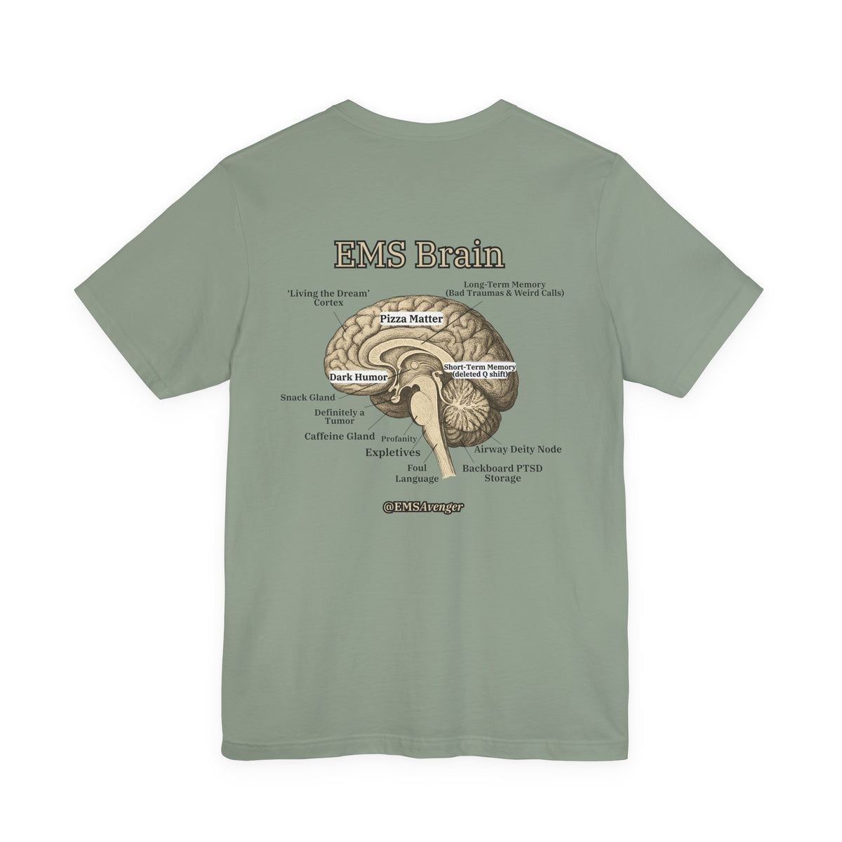 Green t-shirt with a funny brain diagram and text "EMS Brain" on the back by Rotor Wash & Wear