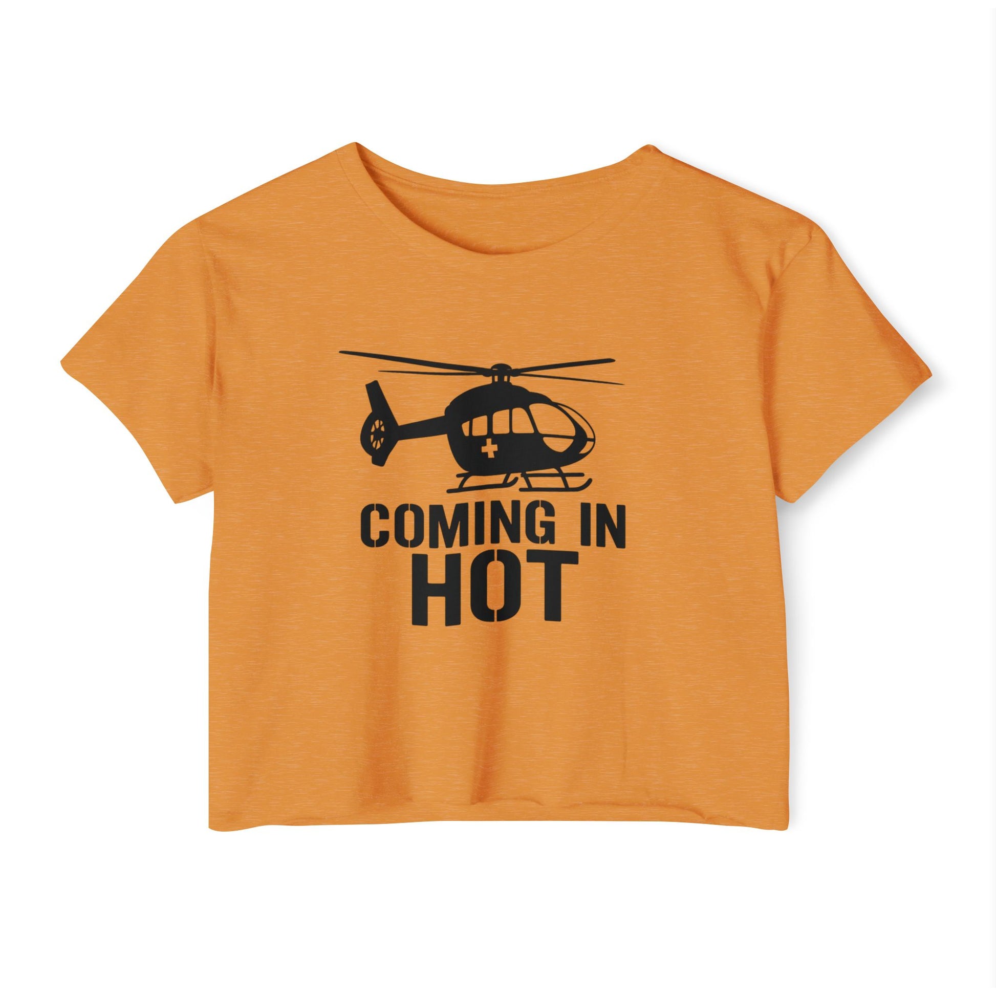 Orange crop top with helicopter graphic and text 'COMING IN HOT' on a white background