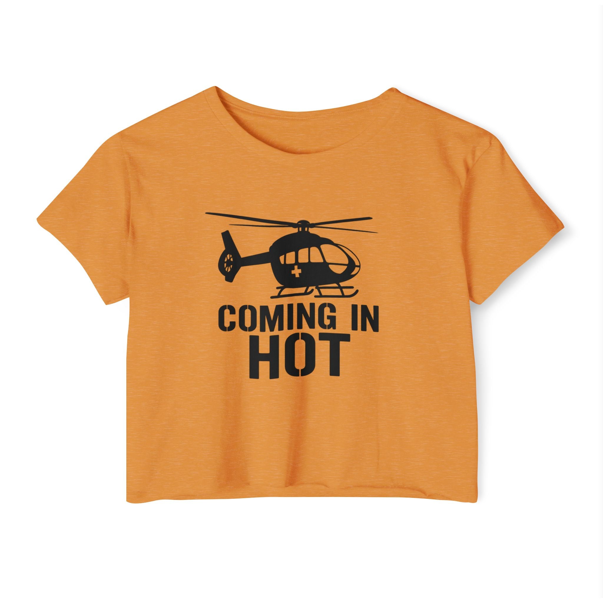 Orange crop top with helicopter graphic and text 'COMING IN HOT' on a white background