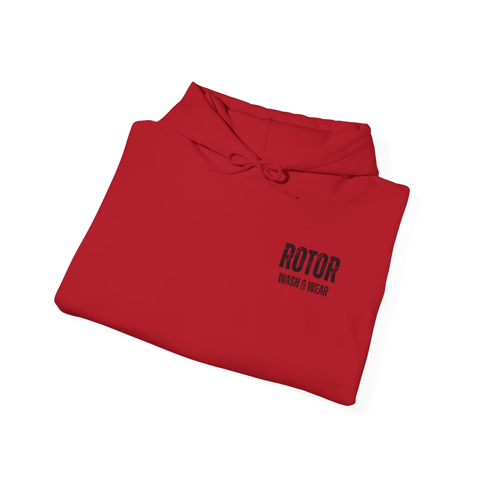 Folded red shirt with 'ROTOR WASH & WEAR' branding on a white background
