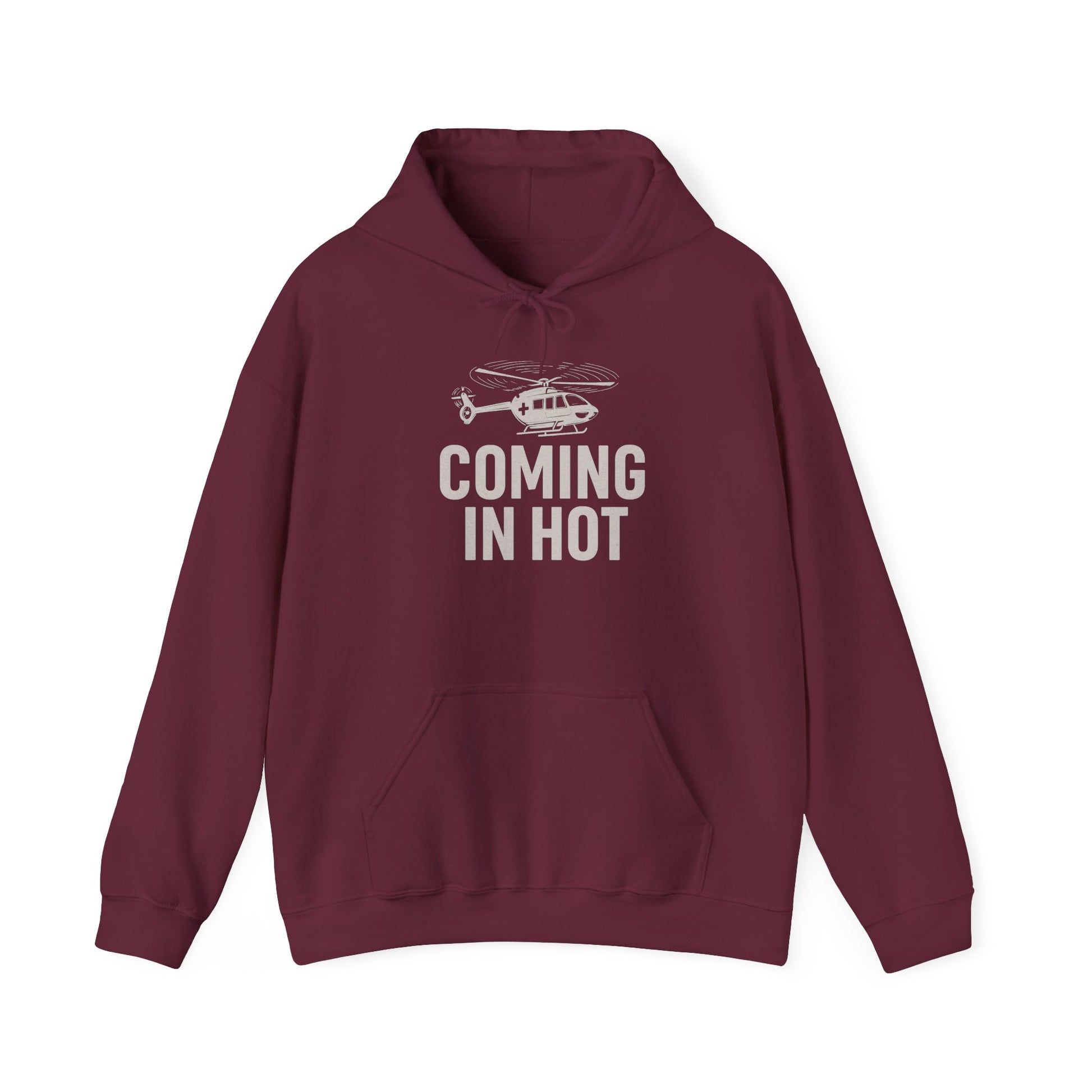 Maroon hoodie with 'Coming in Hot' text and helicopter graphic on a white background