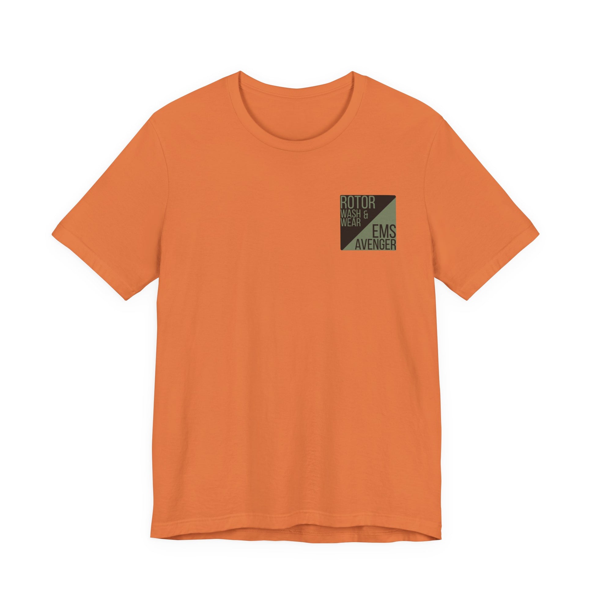 Orange t-shirt with a logo on the chest of "Rotor Wash & Wear' and "EMS Avenger" against a white background