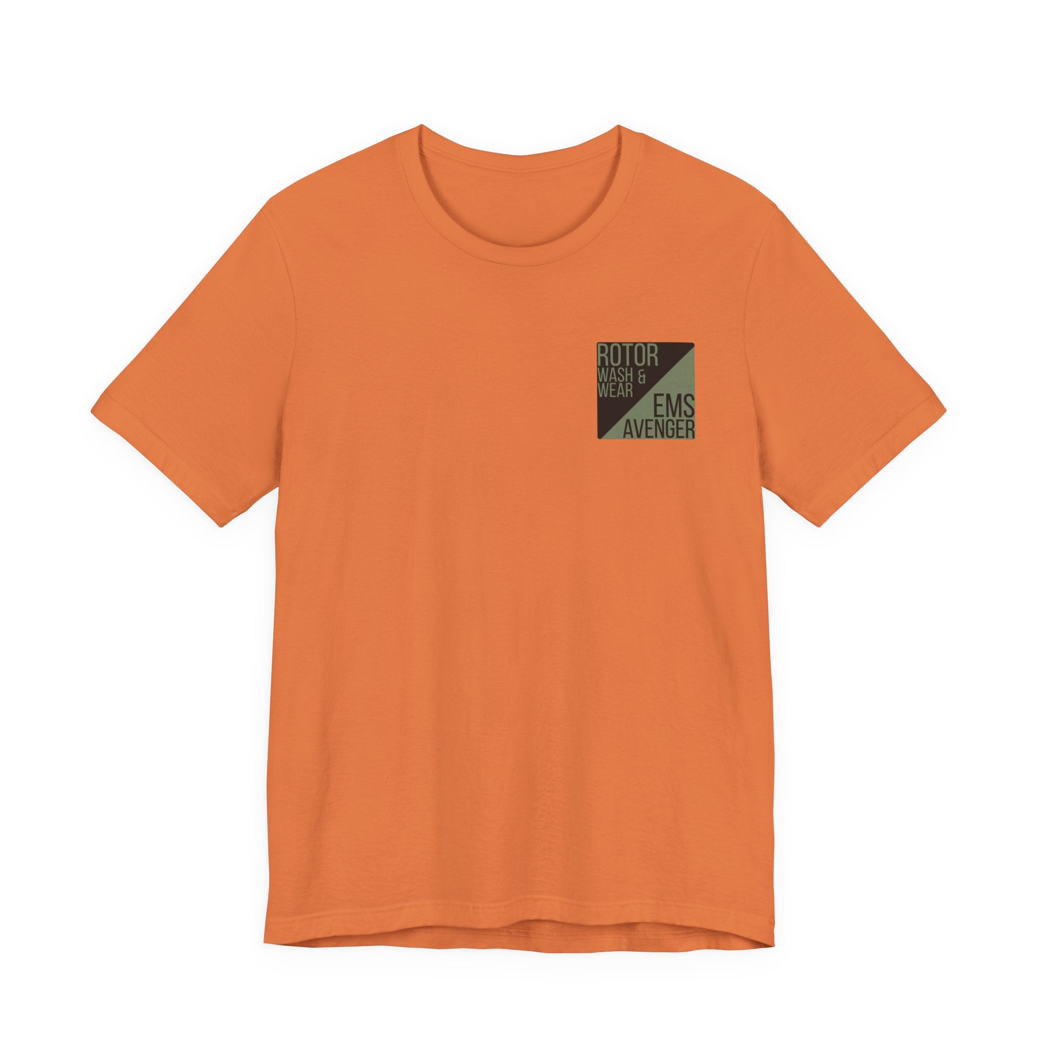 Orange t-shirt with a logo on the chest of "Rotor Wash & Wear' and "EMS Avenger" against a white background