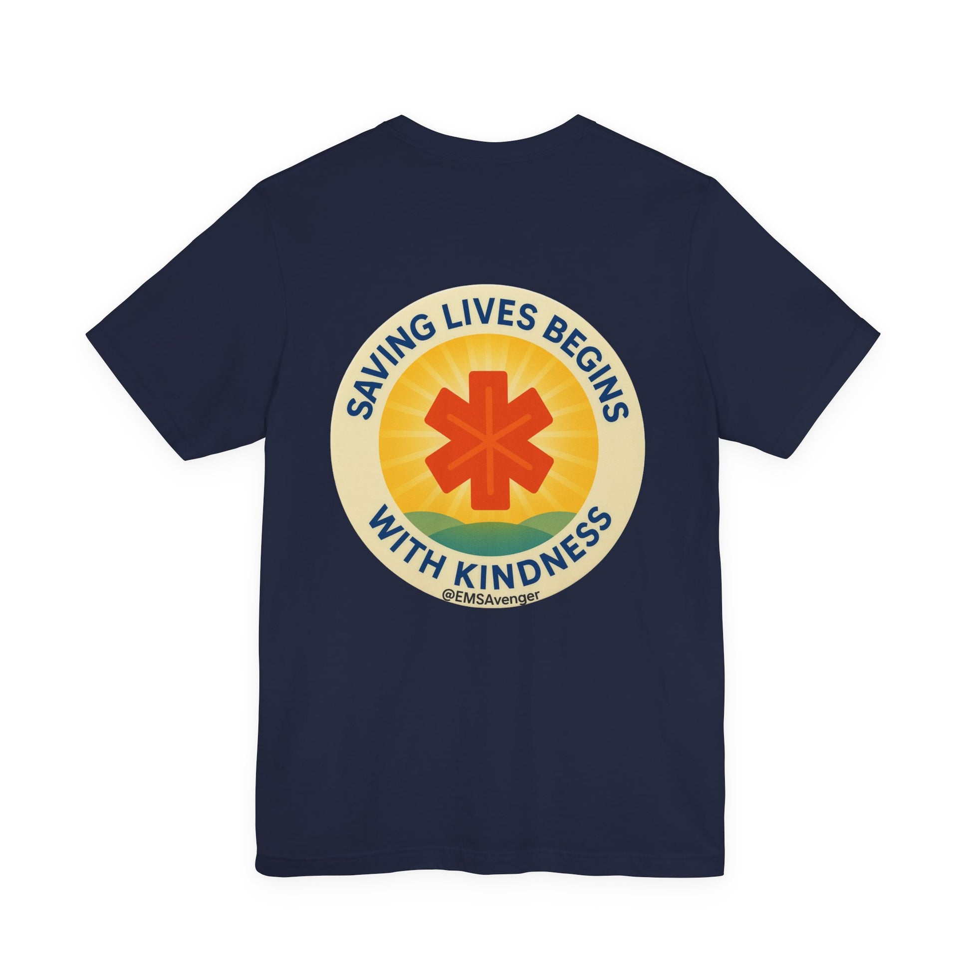 Navy t-shirt with a circular design featuring a star of life symbol and text "Saving lives begins with kindness, EMS Avenger" on the back, on a white background.