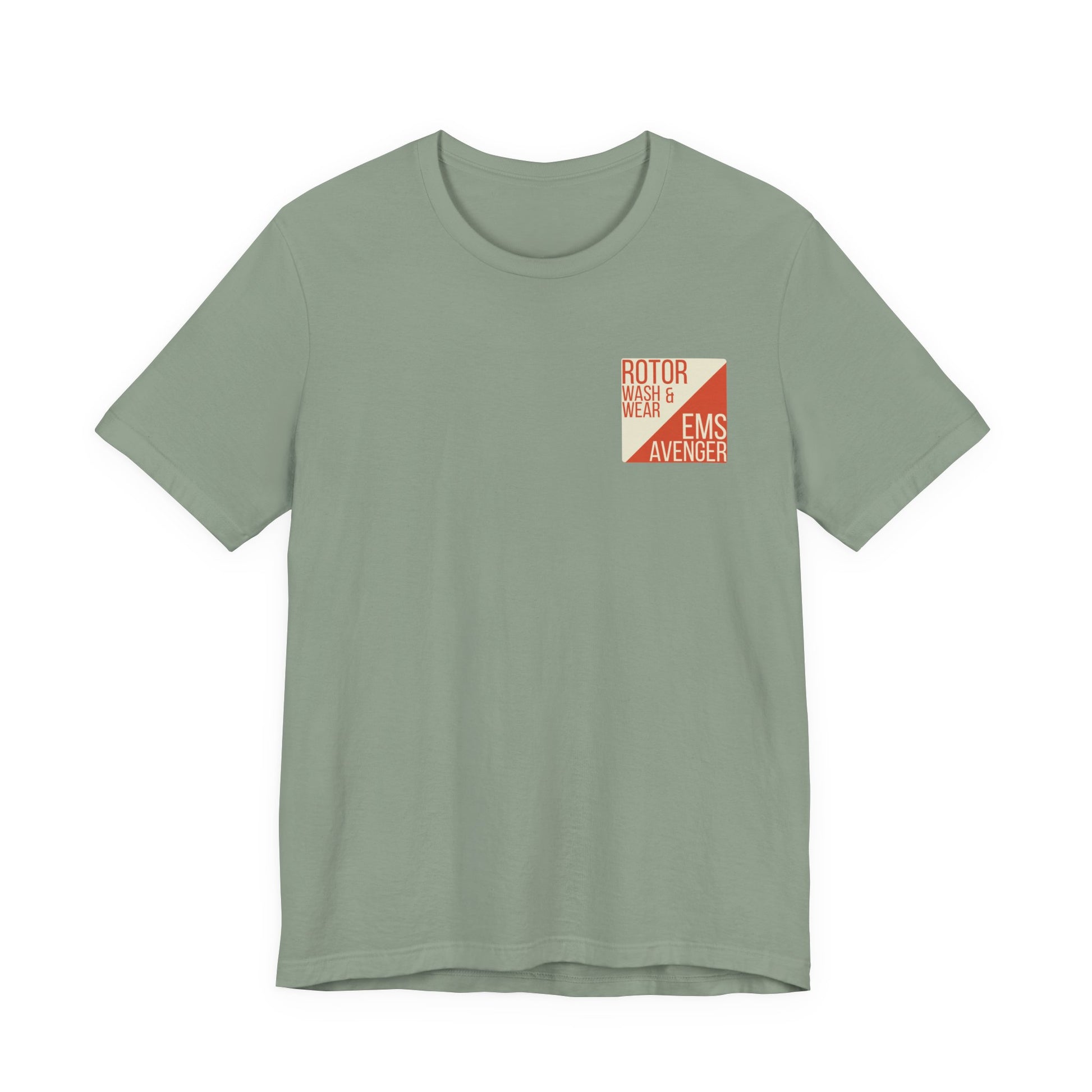 Sage green t-shirt with a logo on the chest of "Rotor Wash & Wear' and "EMS Avenger" against a white background