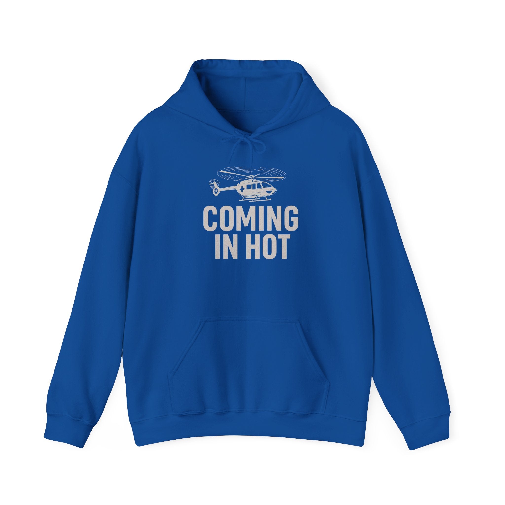 Blue hoodie with a helicopter graphic and text 'COMING IN HOT' on a white background