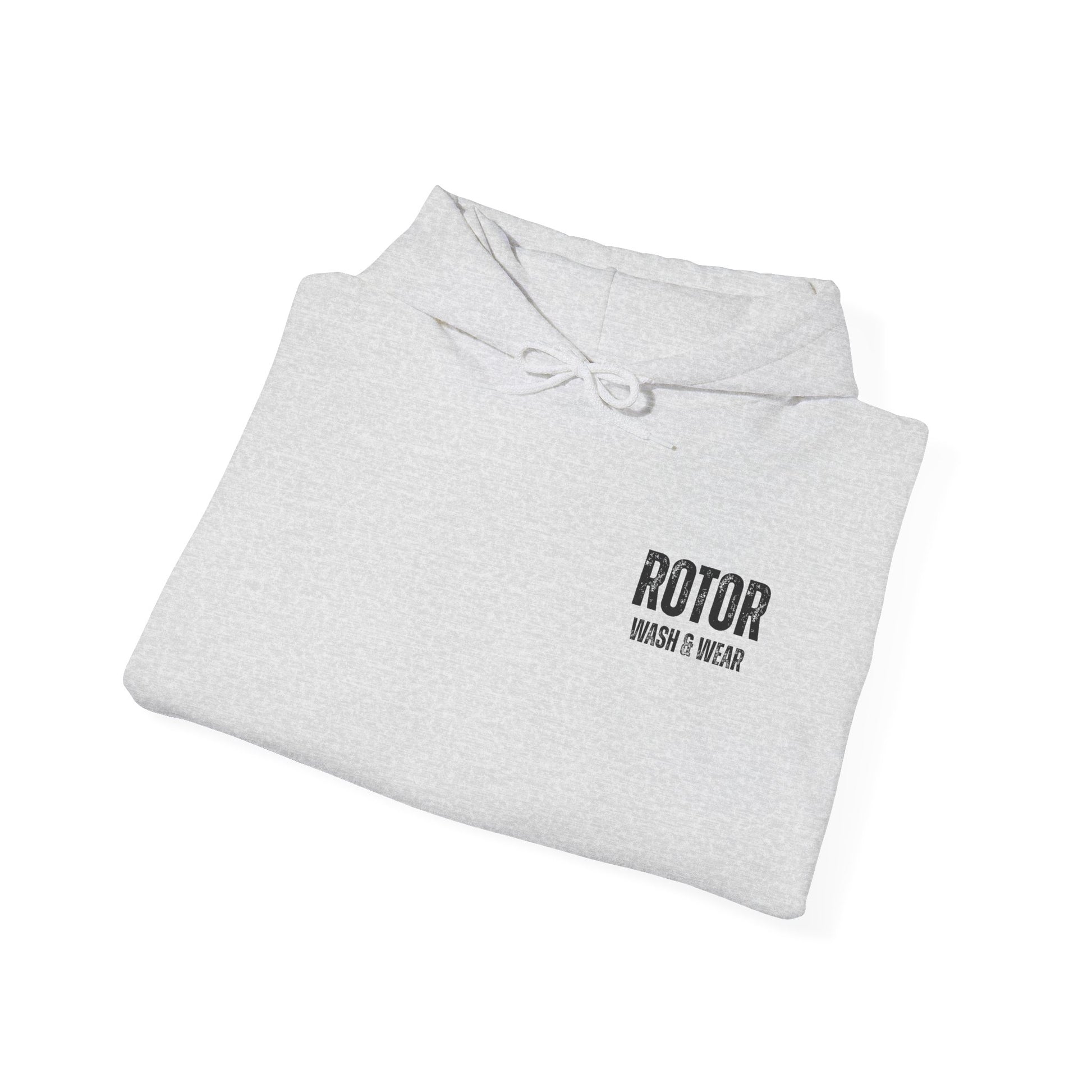 Folded gray hoodie with 'Rotor Wash & Wear' text on a white background