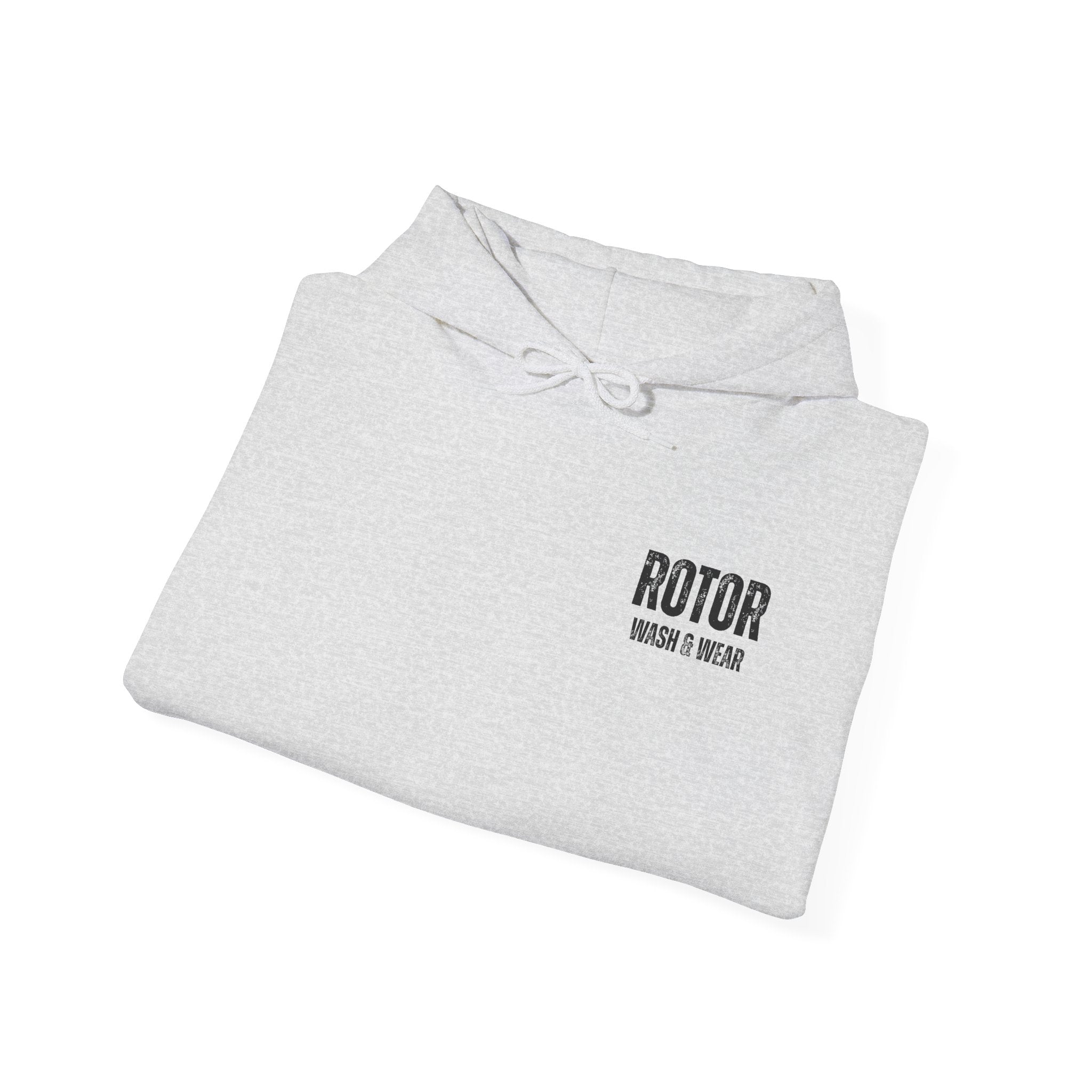 Folded gray hoodie with 'Rotor Wash & Wear' text on a white background