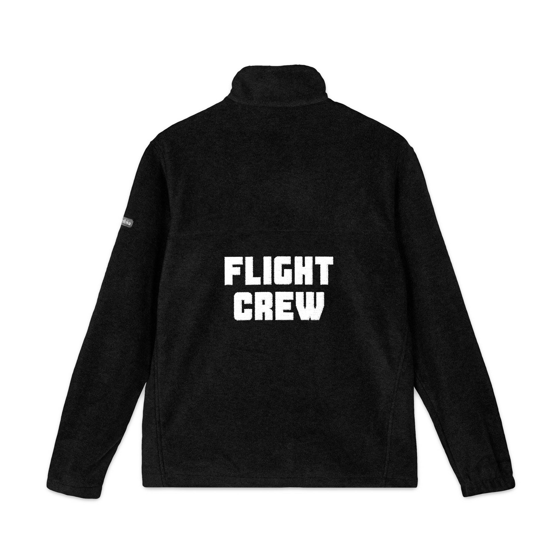 Black fleece Columbia  jacket with embroidered 'FLIGHT CREW' text on the back against a white background