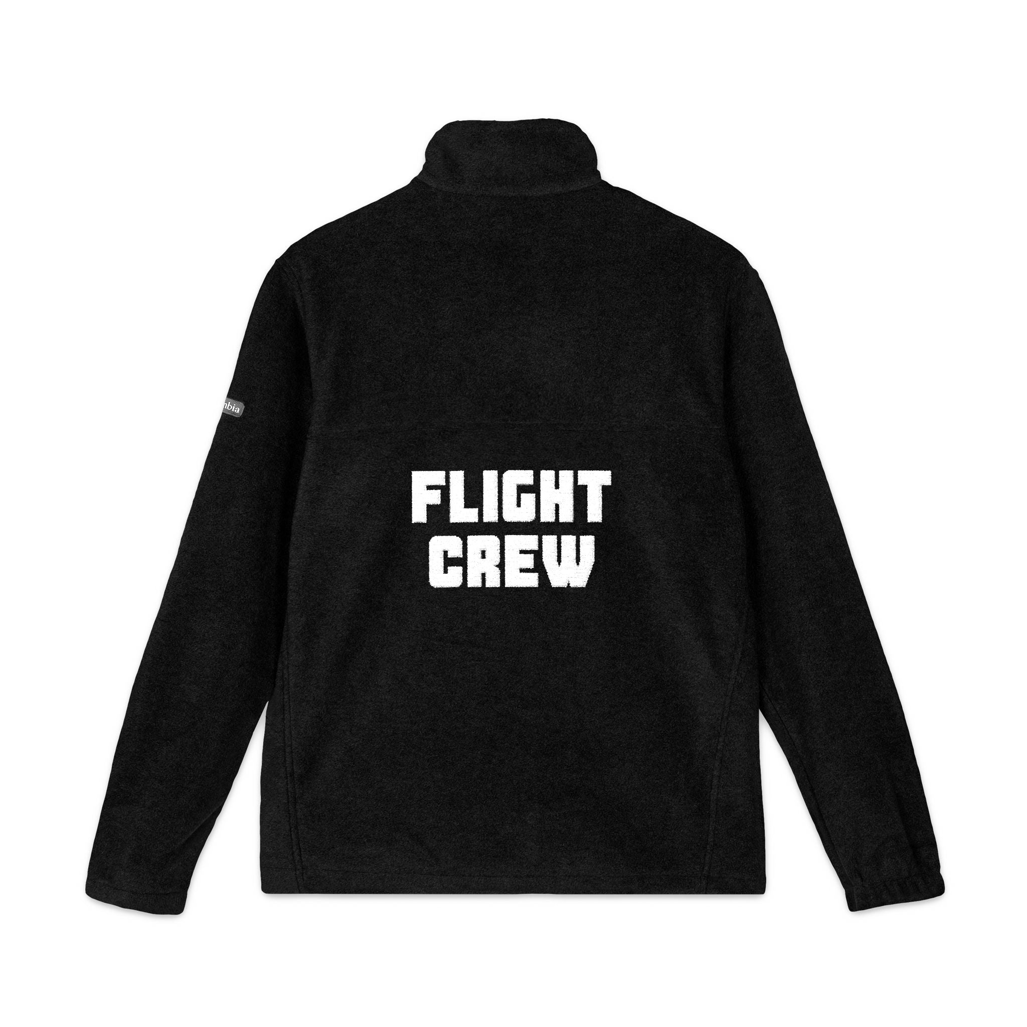 Black fleece Columbia  jacket with embroidered 'FLIGHT CREW' text on the back against a white background