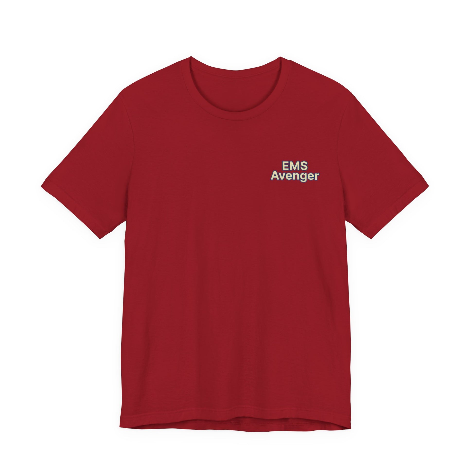 Red t-shirt with 'EMS Avenger' text on a white background