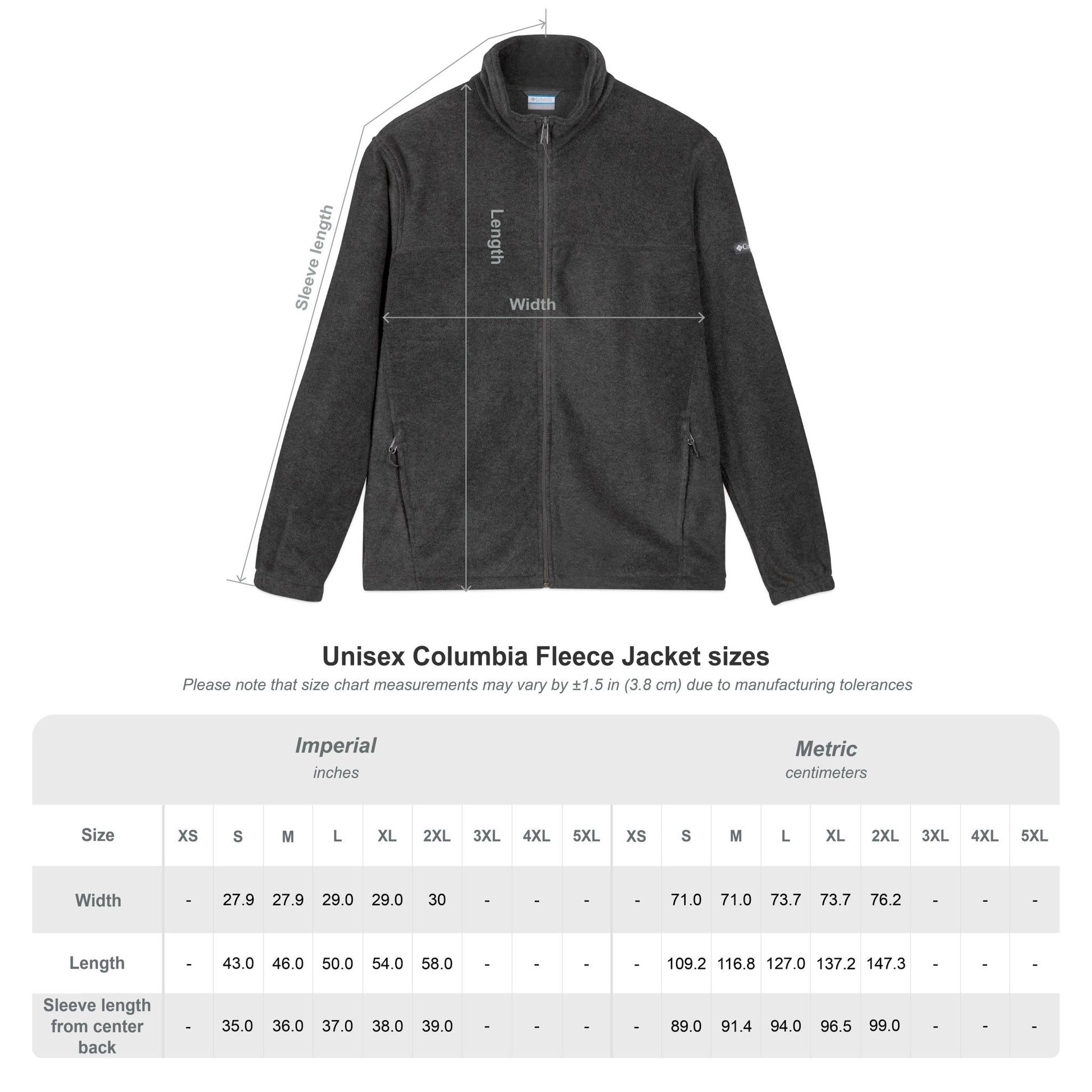 Black Columbia fleece jacket with size chart on a white background