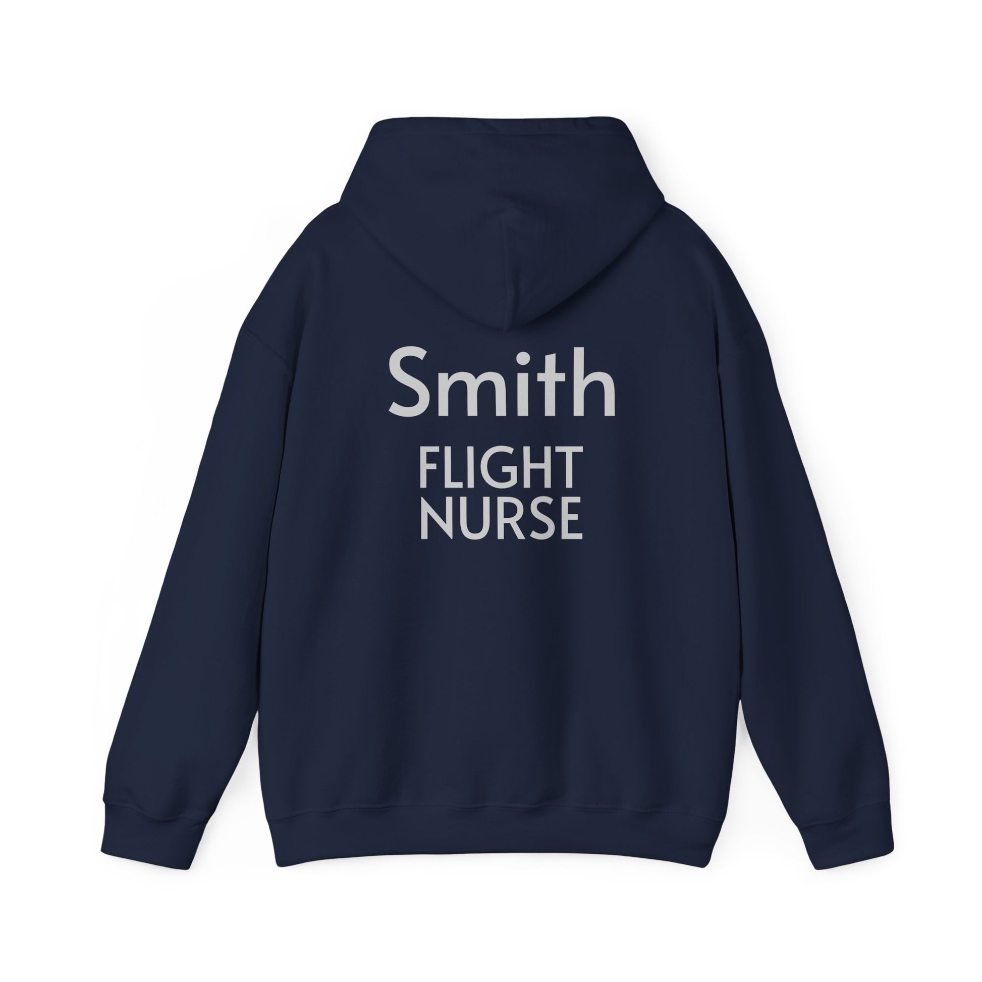 Customizable navy blue hoodie with 'Smith FLIGHT NURSE' text on the back against a white background