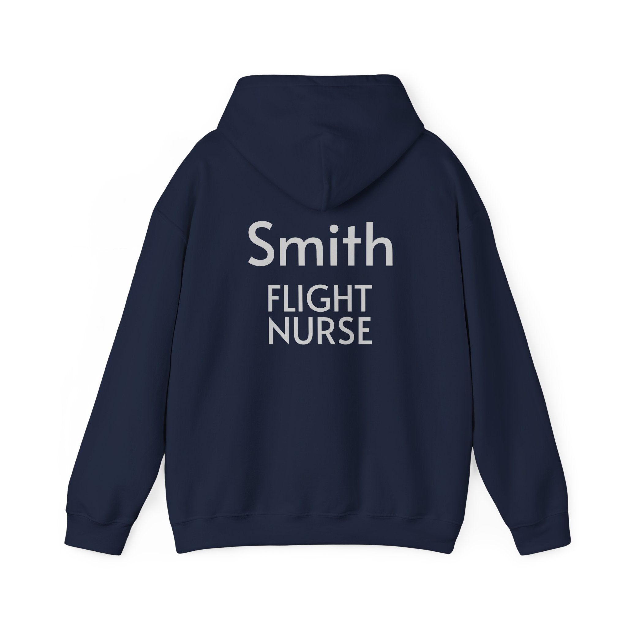 Customizable navy blue hoodie with 'Smith FLIGHT NURSE' text on the back against a white background