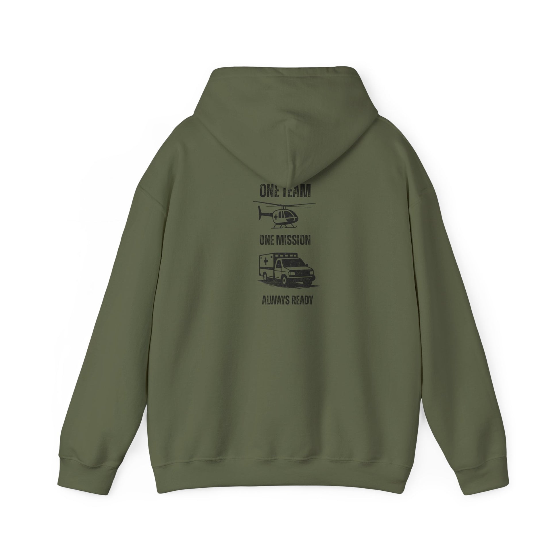 Green hoodie with black text "One team, one mission, always ready" with medical helicopter and ambulance graphics on the back against a white background