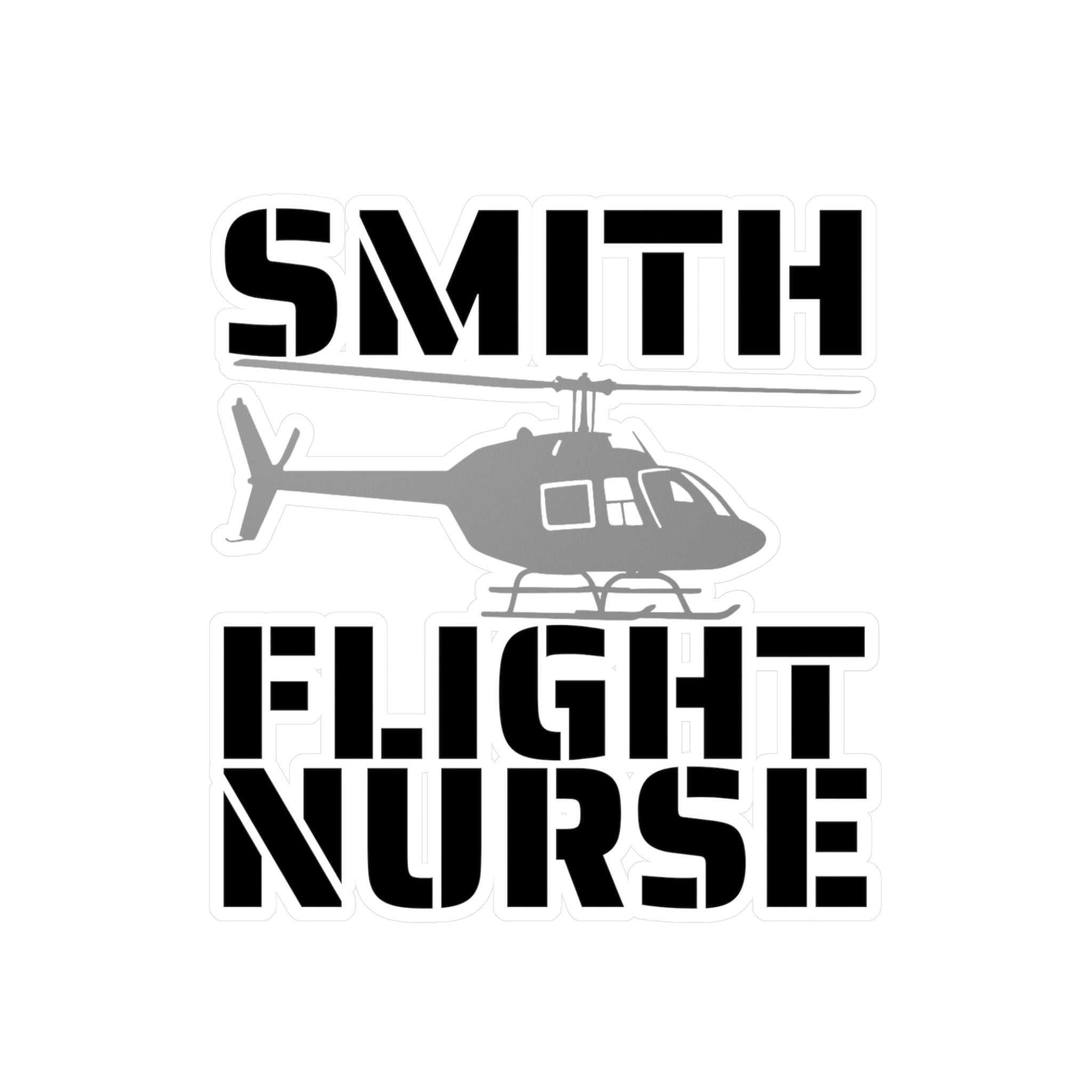 Customizable sticker with helicopter silhouette and text 'SMITH FLIGHT NURSE' on a white background