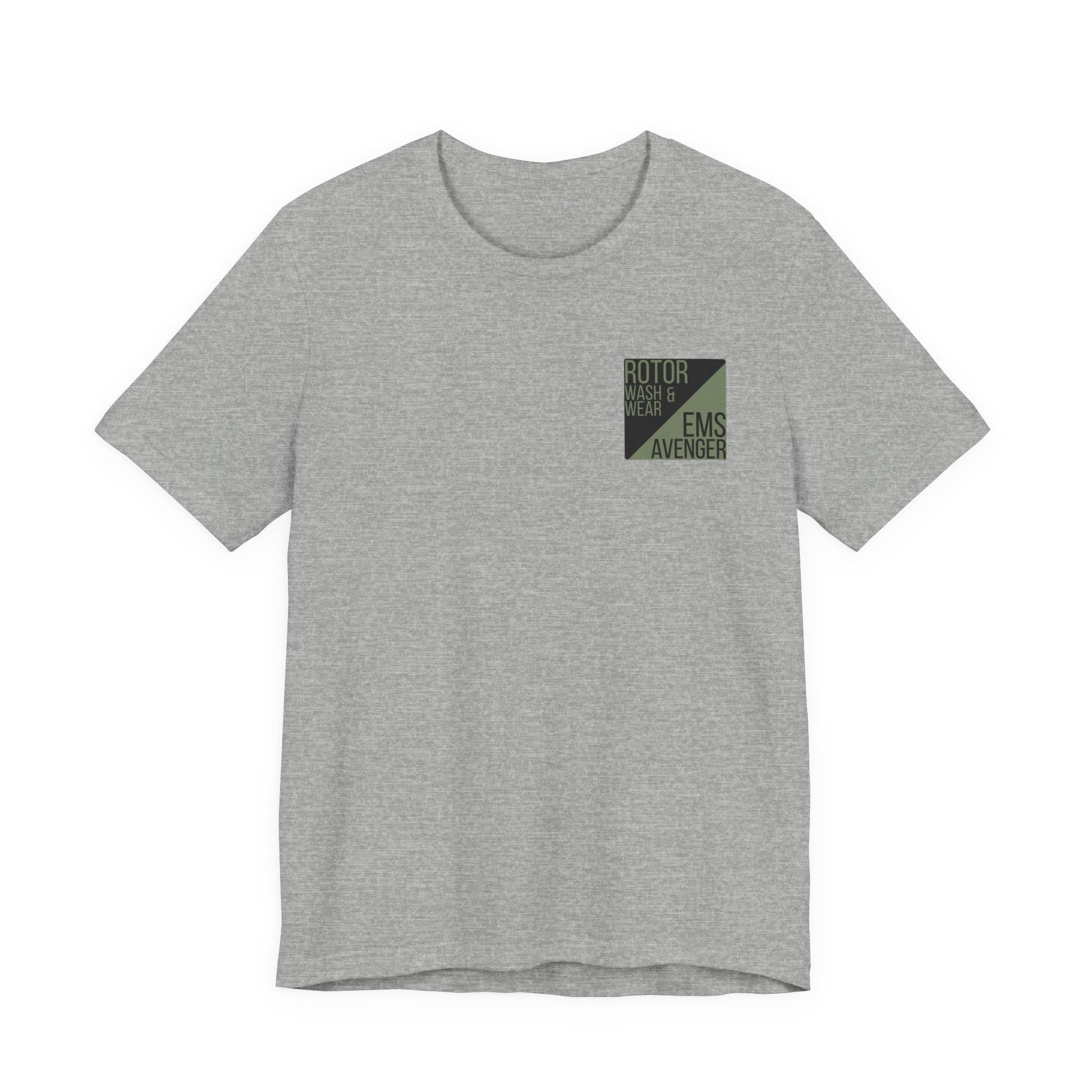 Gray t-shirt with a logo on the chest of "Rotor Wash & Wear' and "EMS Avenger" against a white background