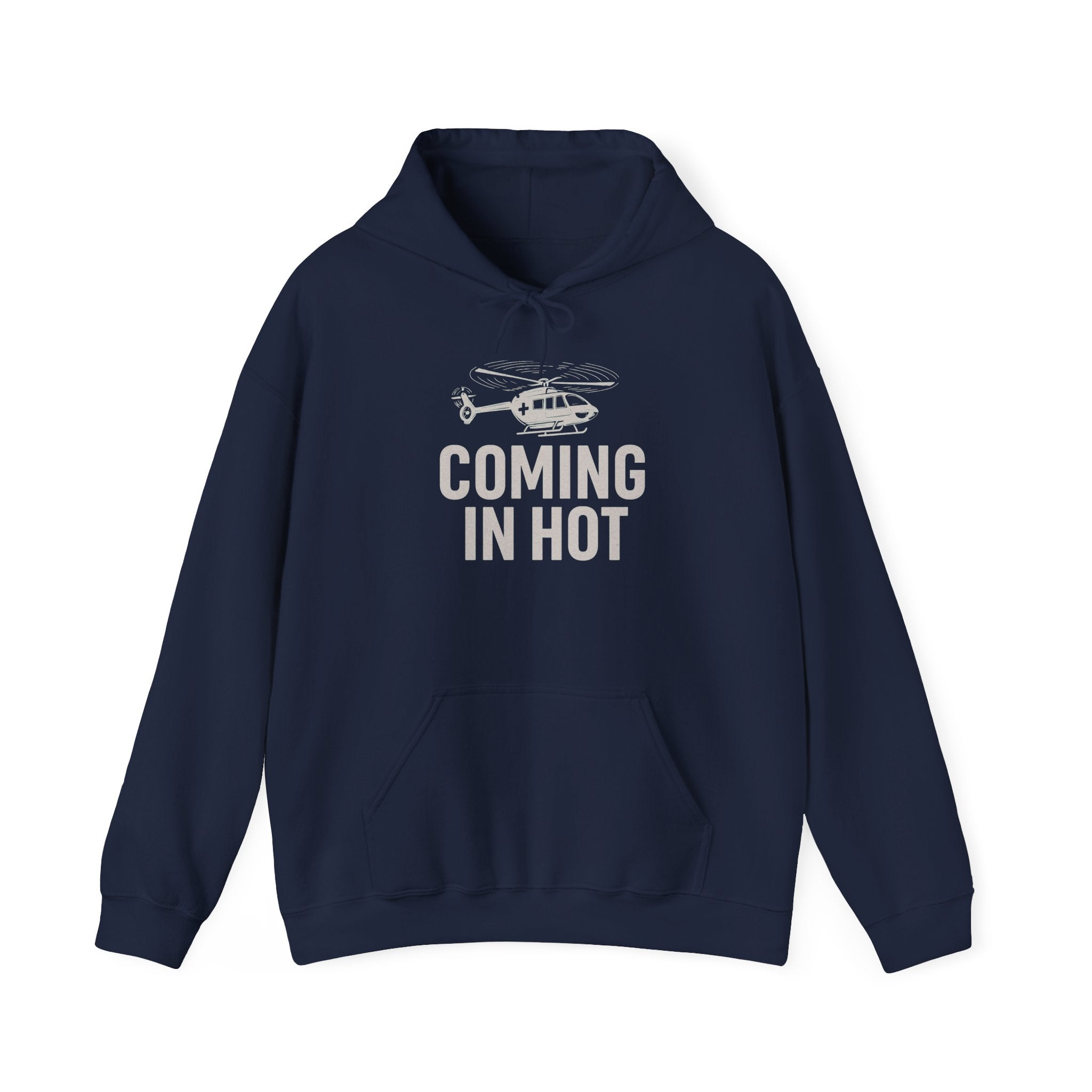 Navy blue hoodie with helicopter graphic and text 'COMING IN HOT' on a white background