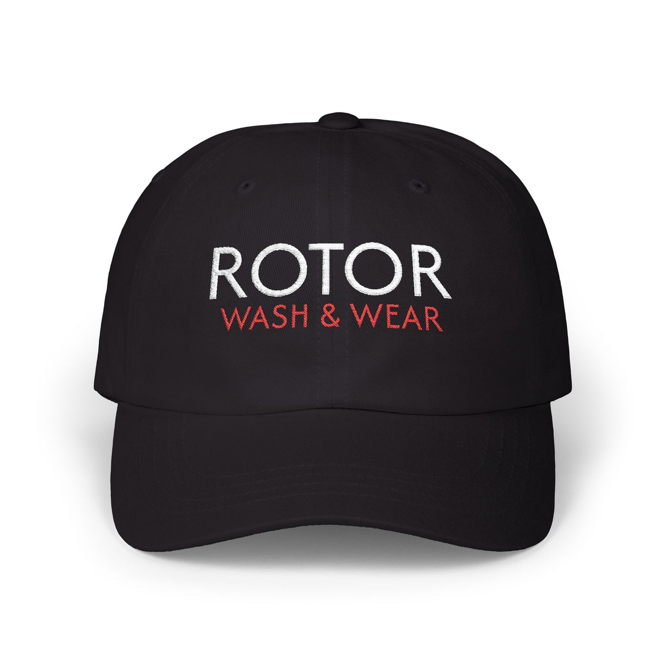 Black cap with 'ROTOR WASH & WEAR' text on a white background