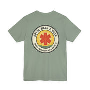 Green t-shirt with a logo for "Rotor Wash & Wear" and EMS Avenger with text "Saving lives begins with kindness" on the back on a white background