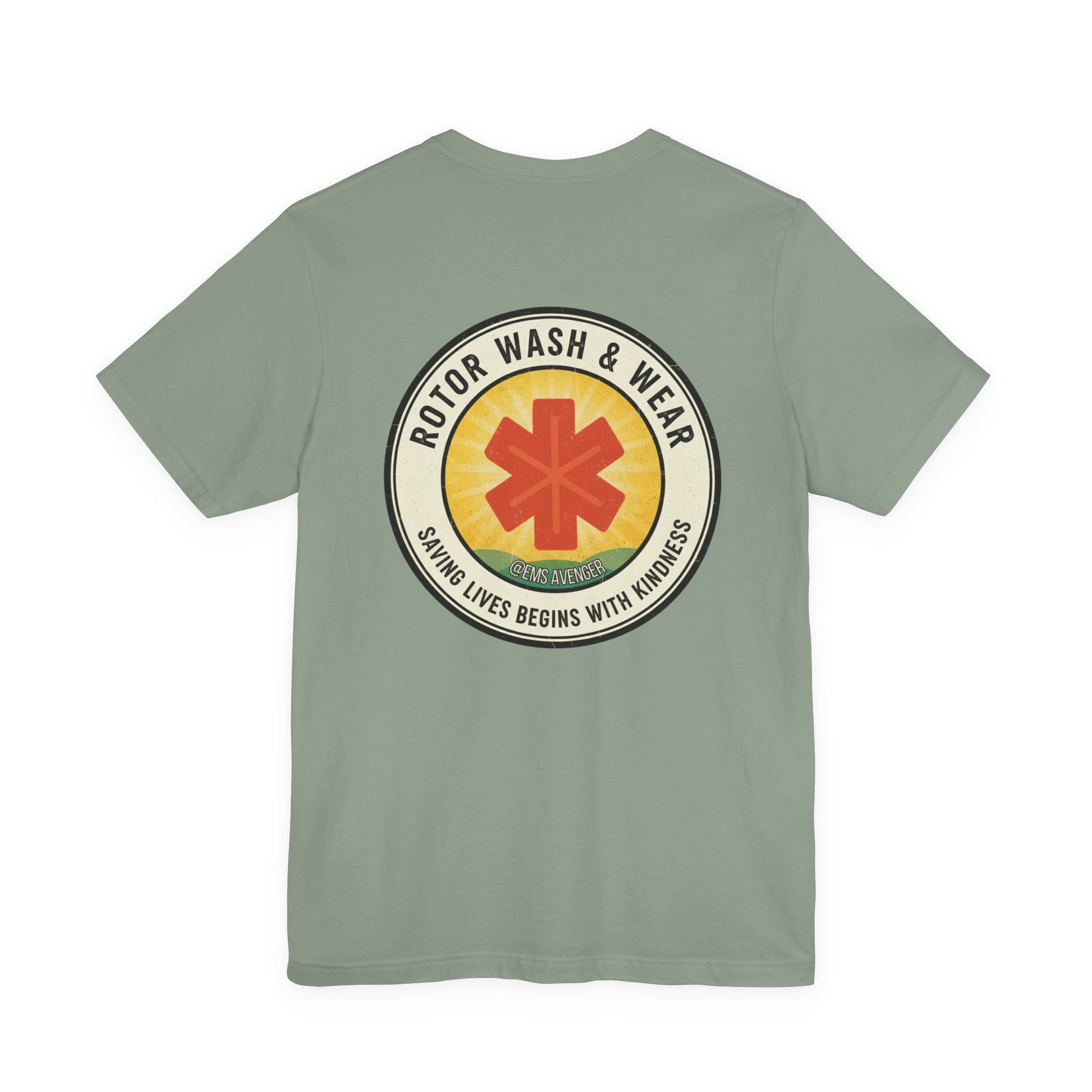 Green t-shirt with a logo for "Rotor Wash & Wear" and EMS Avenger with text "Saving lives begins with kindness" on the back on a white background