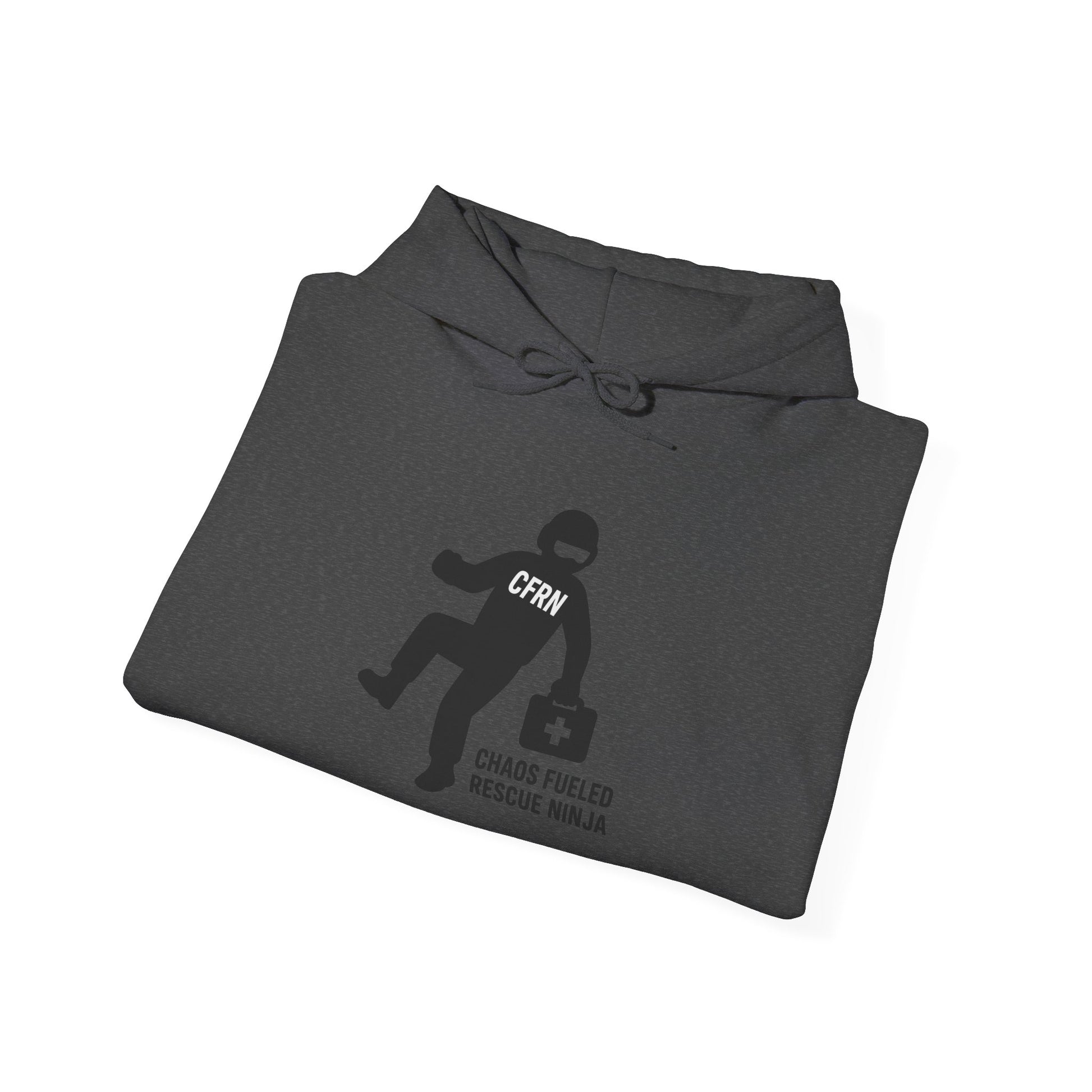 Folded dark gray hoodie with a graphic design of a flight nurse/ninja with "CFRN" on their chest and the text "chaos fueled rescue ninja" on a white background by Rotor Wash & Wear