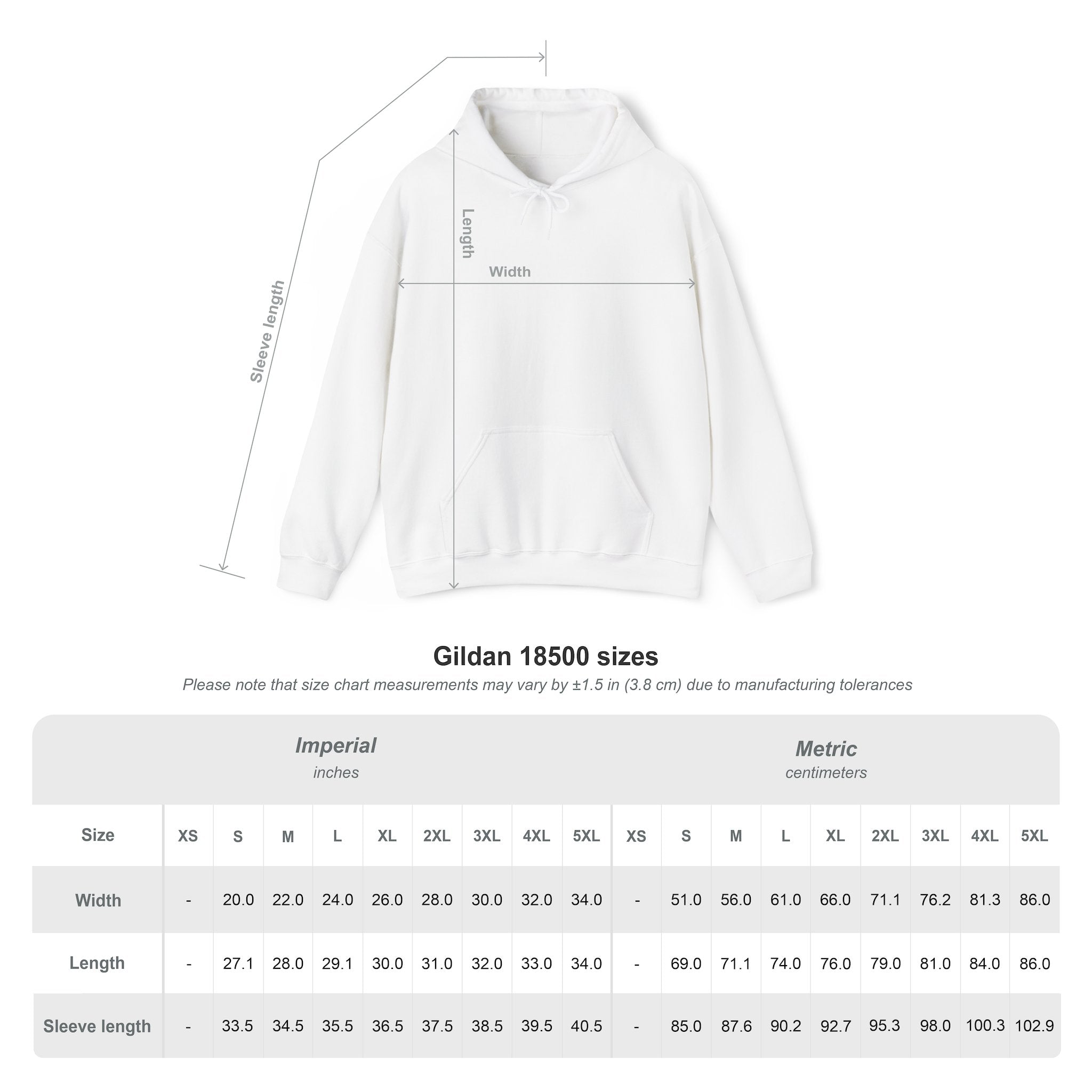 White hoodie with measurement chart on a white background