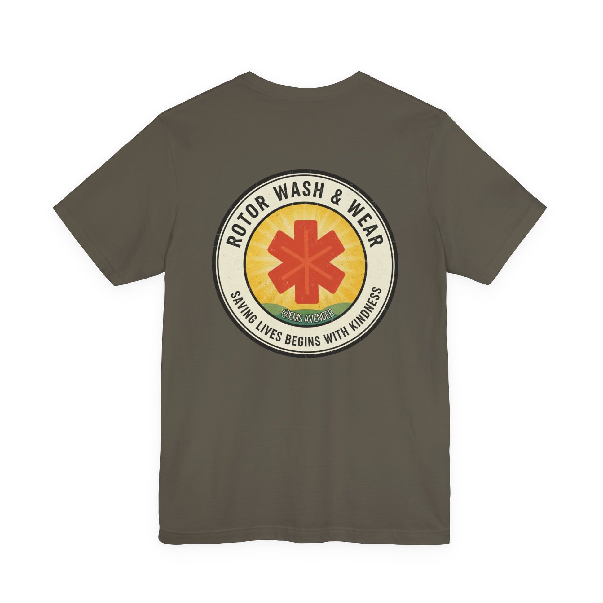 Army  t-shirt with a logo for "Rotor Wash & Wear" and EMS Avenger with text "Saving lives begins with kindness" on the back on a white background
