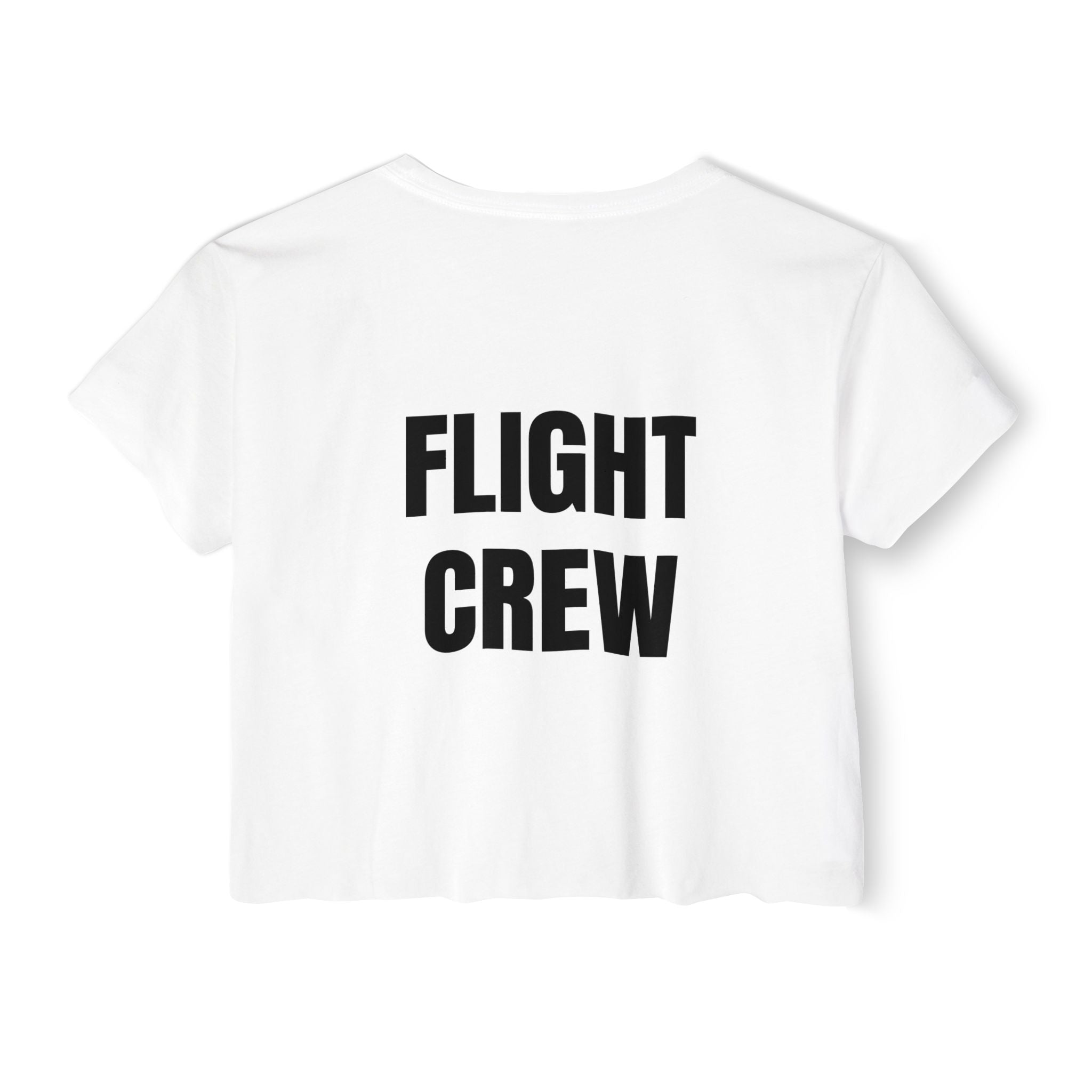 White crop top with 'FLIGHT CREW' text on a white background