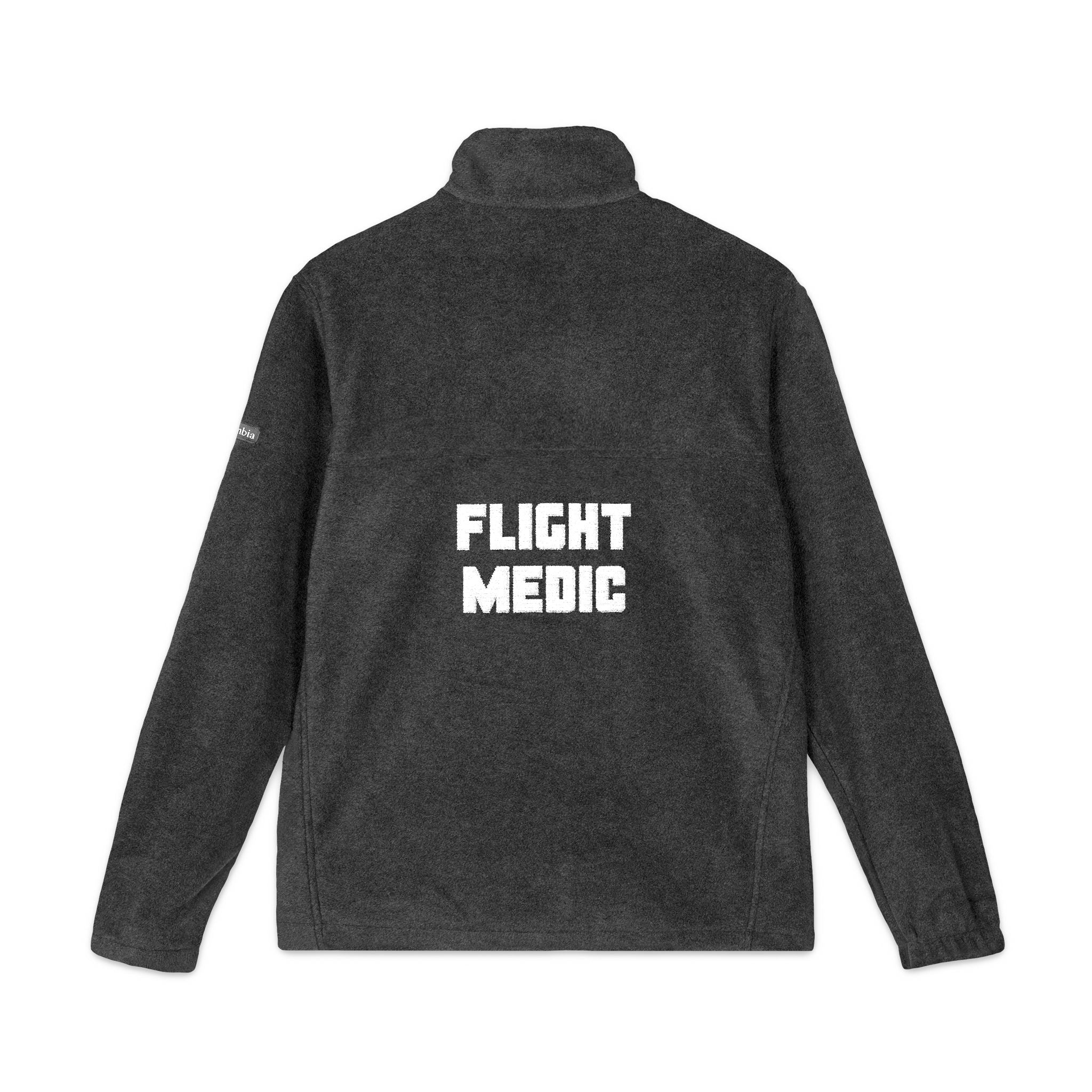 Dark gray Columbia fleece jacket with 'FLIGHT MEDIC' text on the back against a white background