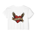 White crop top with a red heart and wings design featuring 'FLIGHT CREW' text on a white background