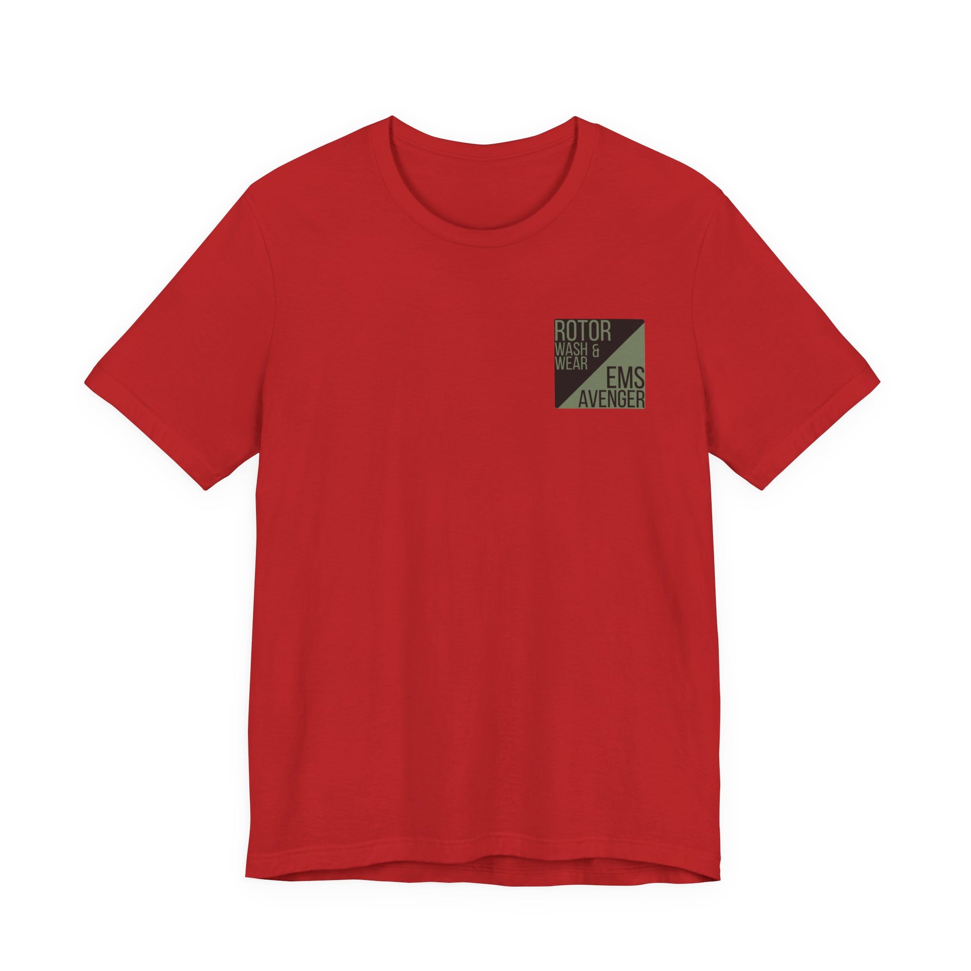 Red t-shirt with a logo on the chest of "Rotor Wash & Wear' and "EMS Avenger" against a white background