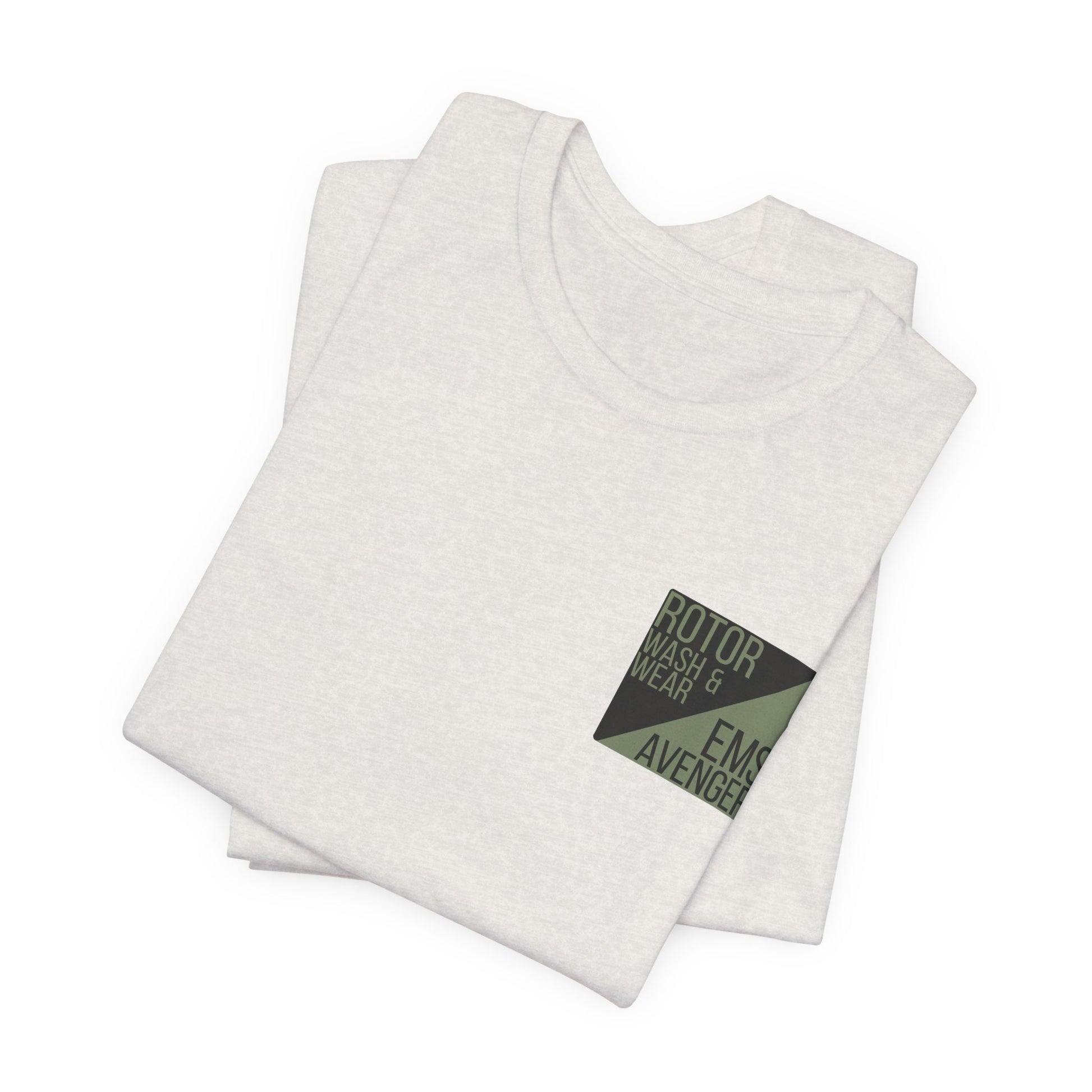 Folded heather cement t-shirt with a logo on the chest of "Rotor Wash & Wear' and "EMS Avenger" against a white background