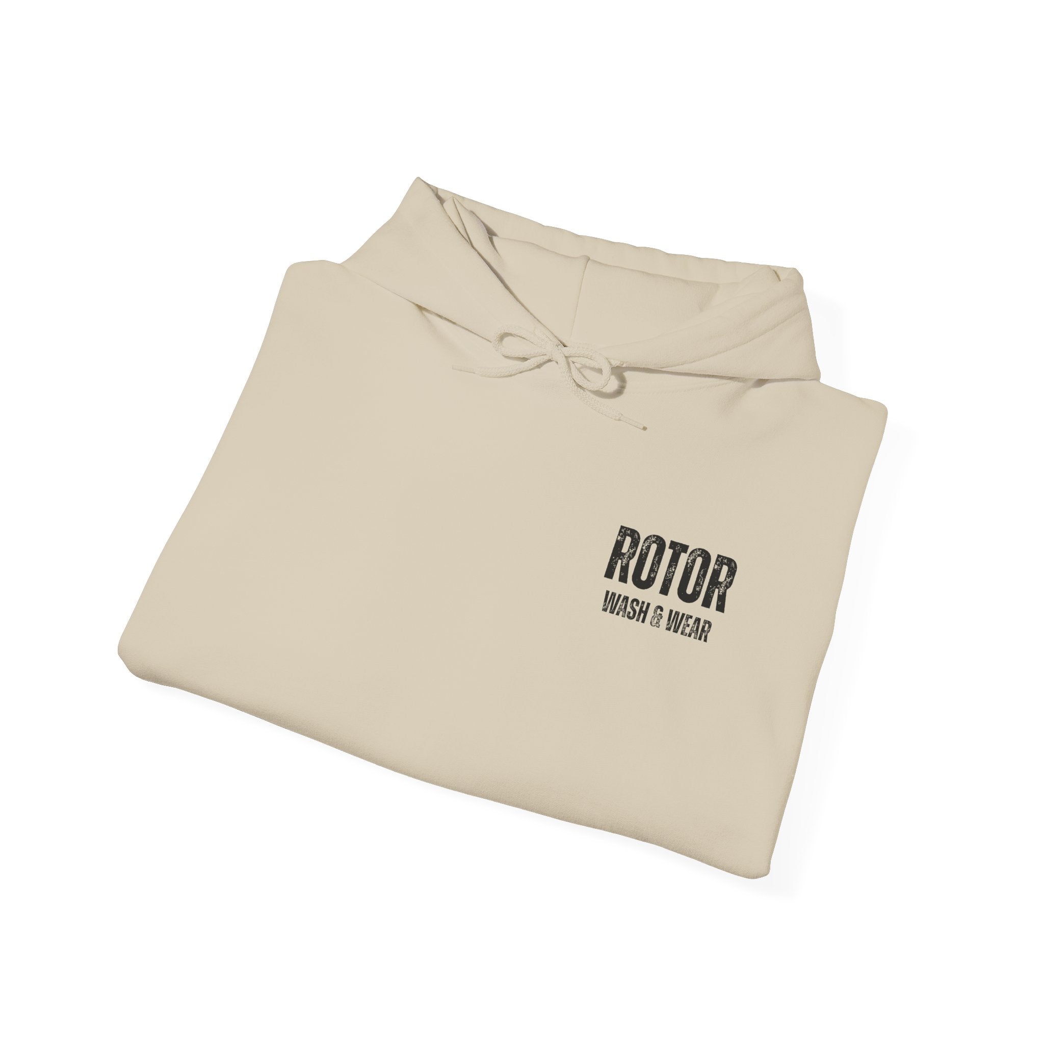 Folded beige hoodie with 'Rotor Wash & Wear' text on a white background