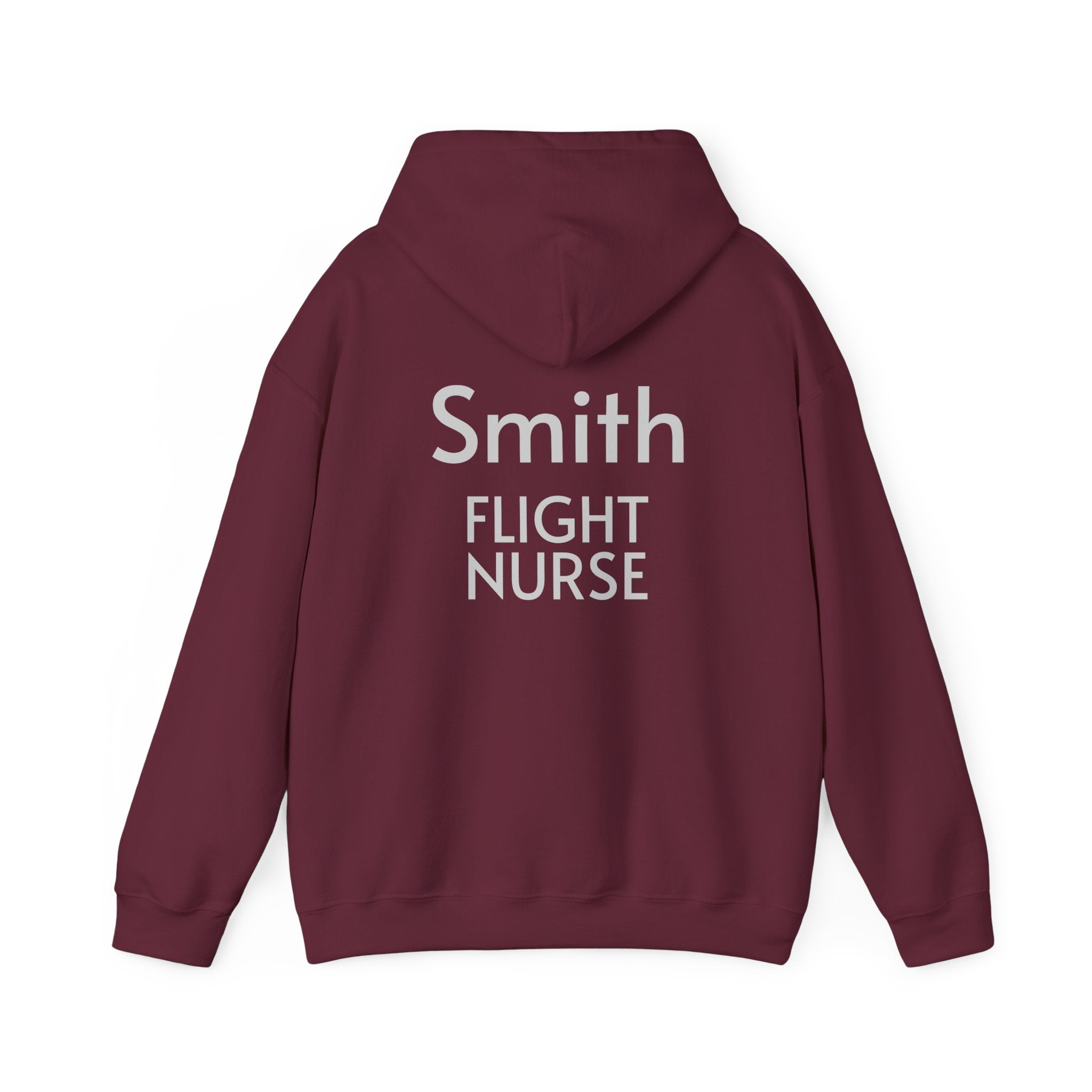 Customizable maroon hoodie with 'Smith FLIGHT NURSE' text on the back against a white background