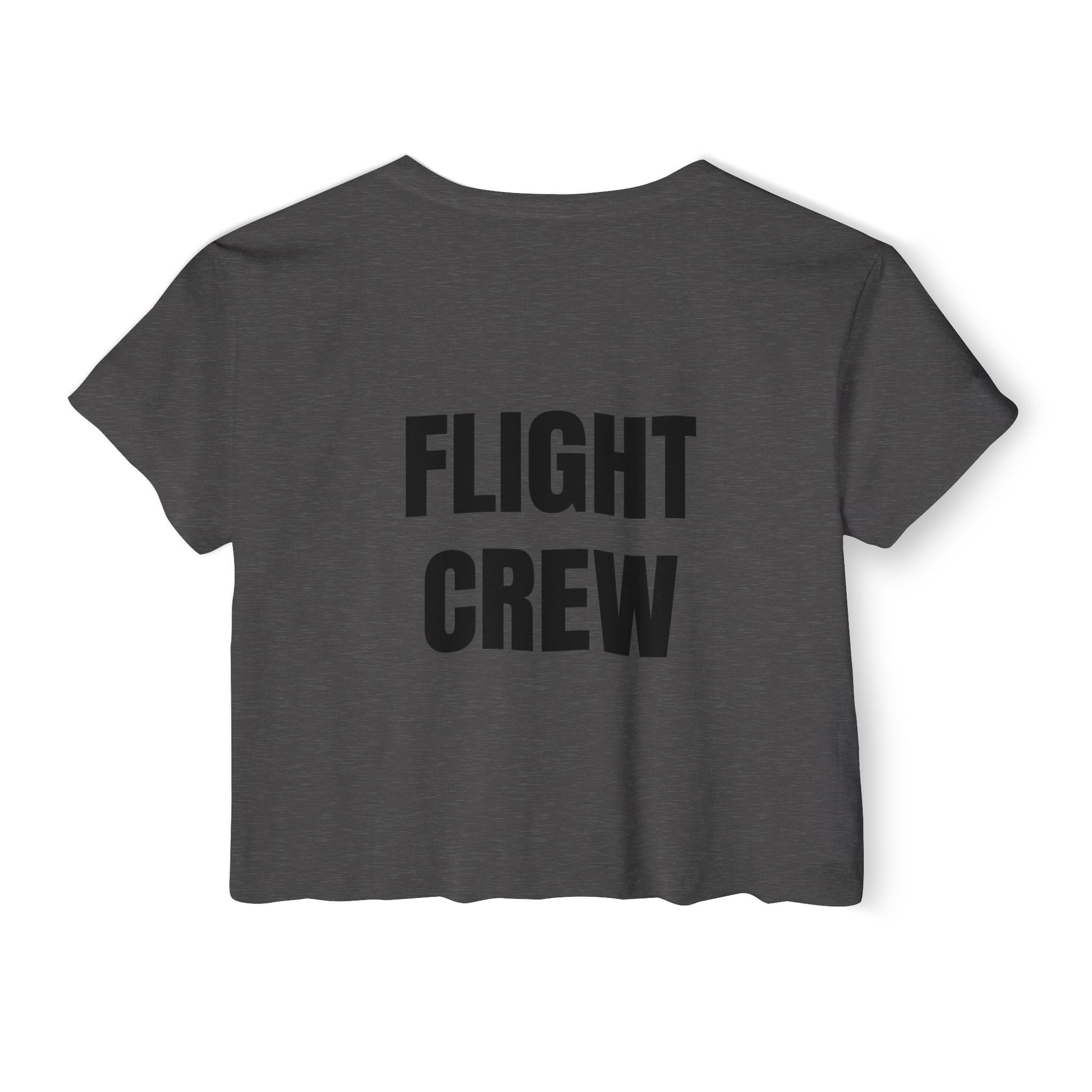 Dark gray crop top with 'FLIGHT CREW' text on a white background
