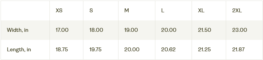 Measurement chart for width and length in various sizes from XS to 2XL.