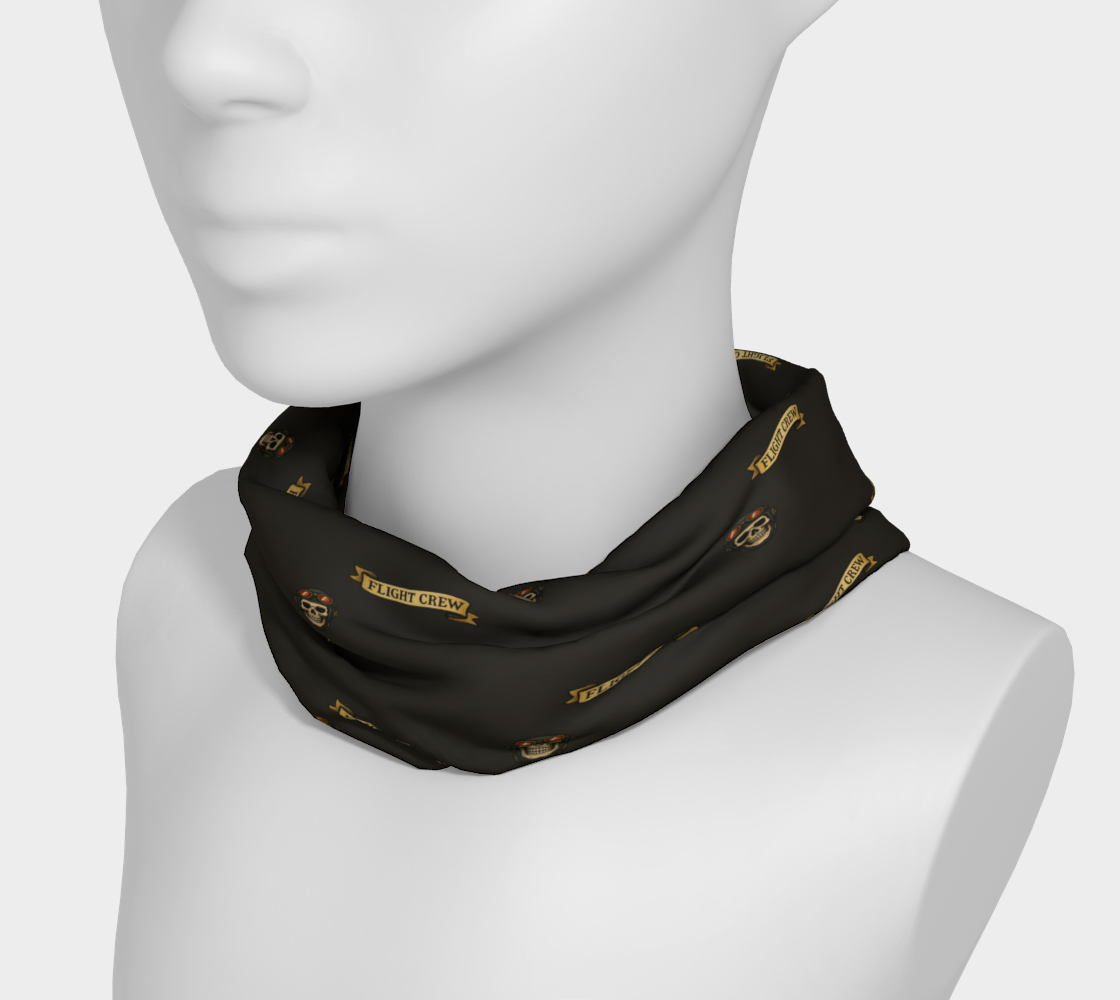 Black neck gaiter with 'FLIGHT CREW' and skull designs