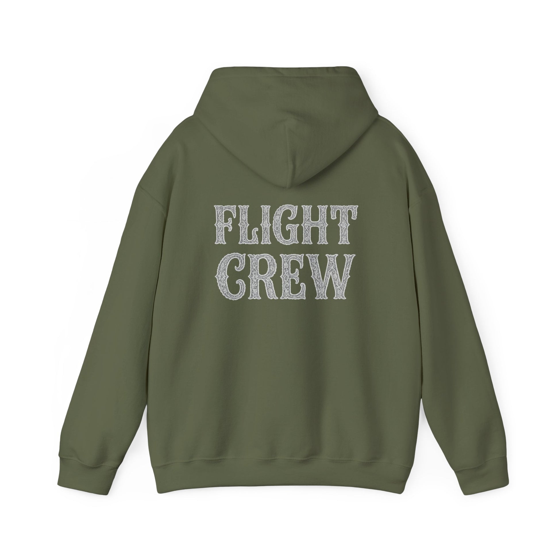 Green hoodie with 'FLIGHT CREW' text on the back against a white background