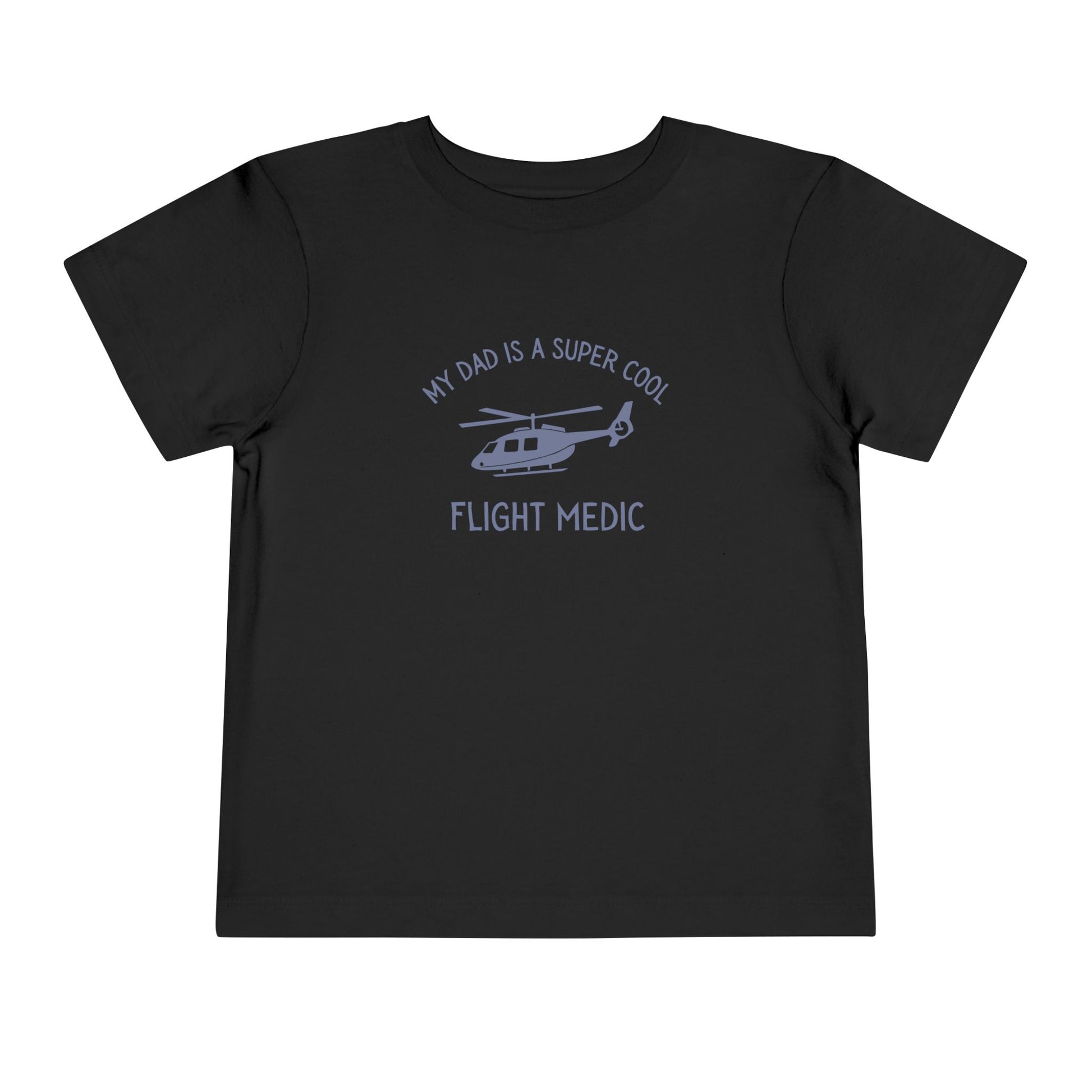 Black toddler t-shirt with text "My dad is a super cool flight medic" and helicopter graphic by Rotor Wash & Wear