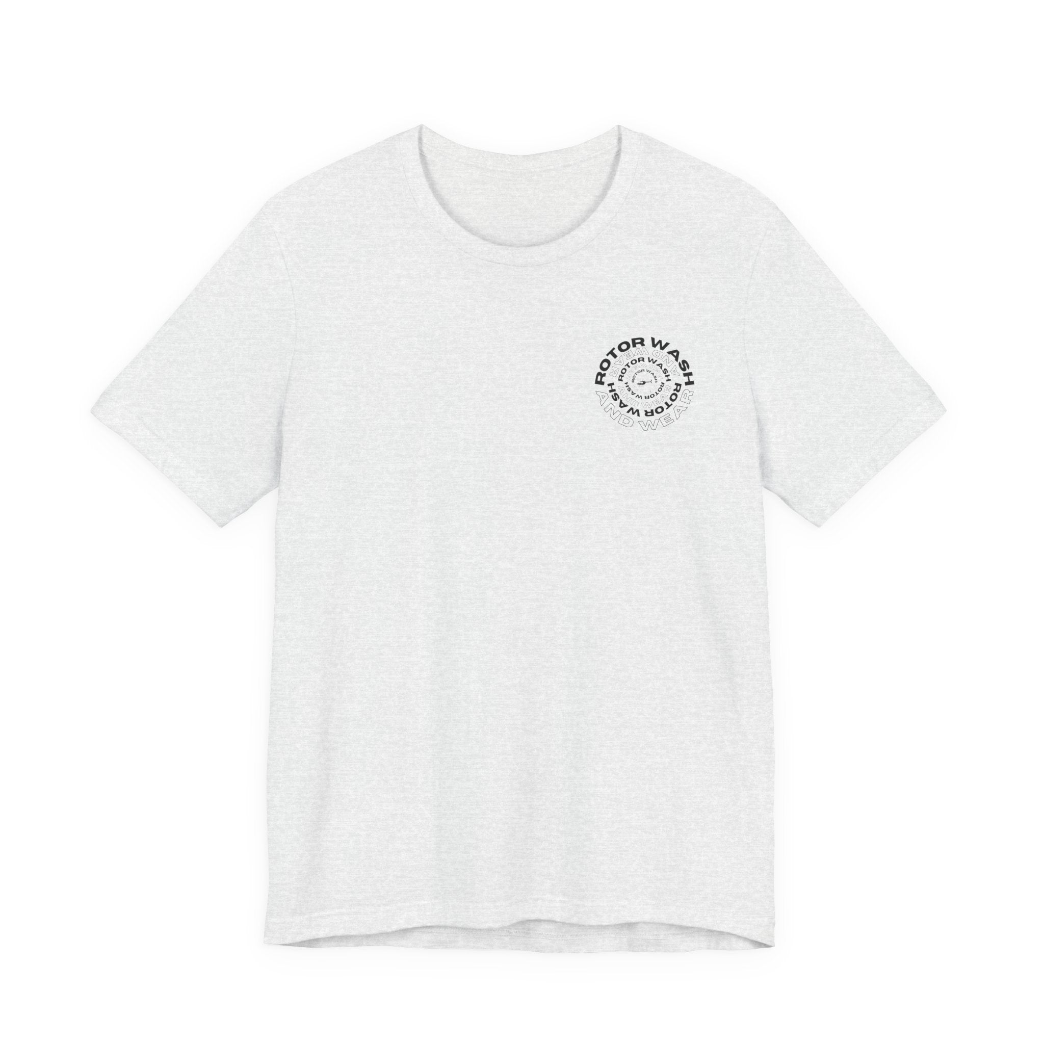 White t-shirt with 'Rotor Wash and Wear' circular design text design on the left chest on a white background