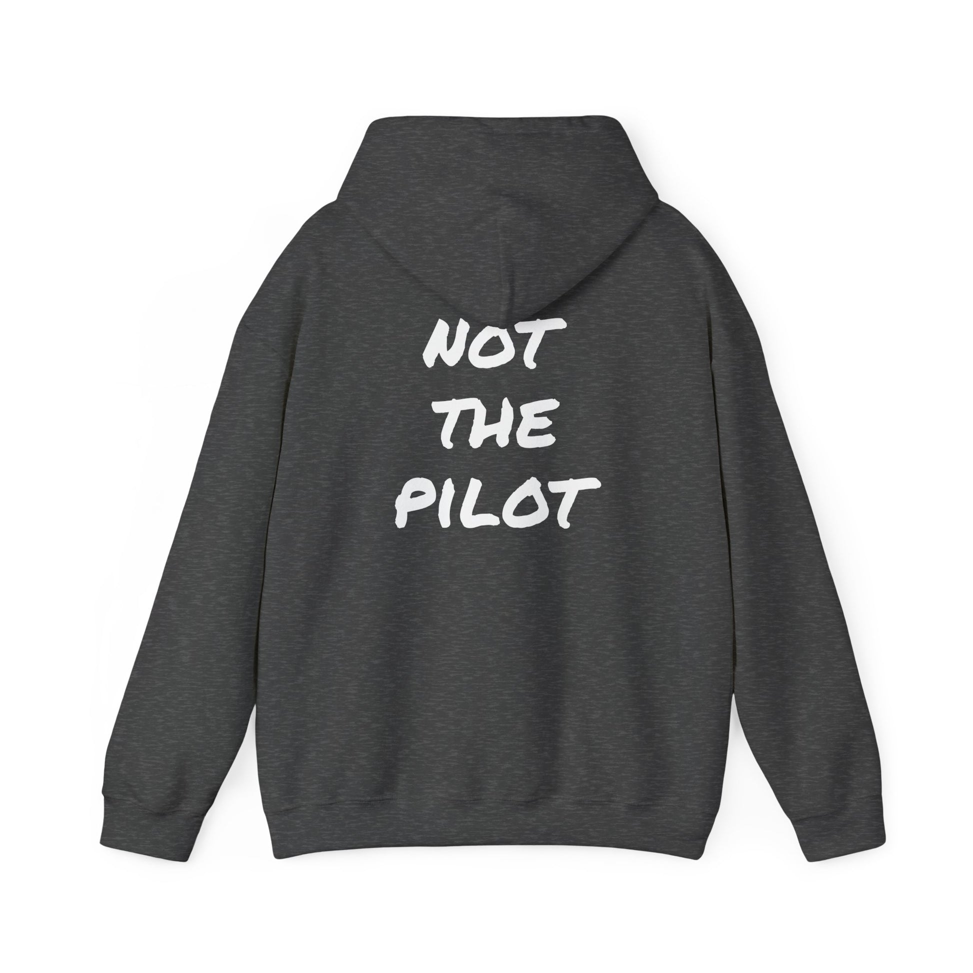 Dark gray hoodie with 'Not the Pilot' text on the back against a white background