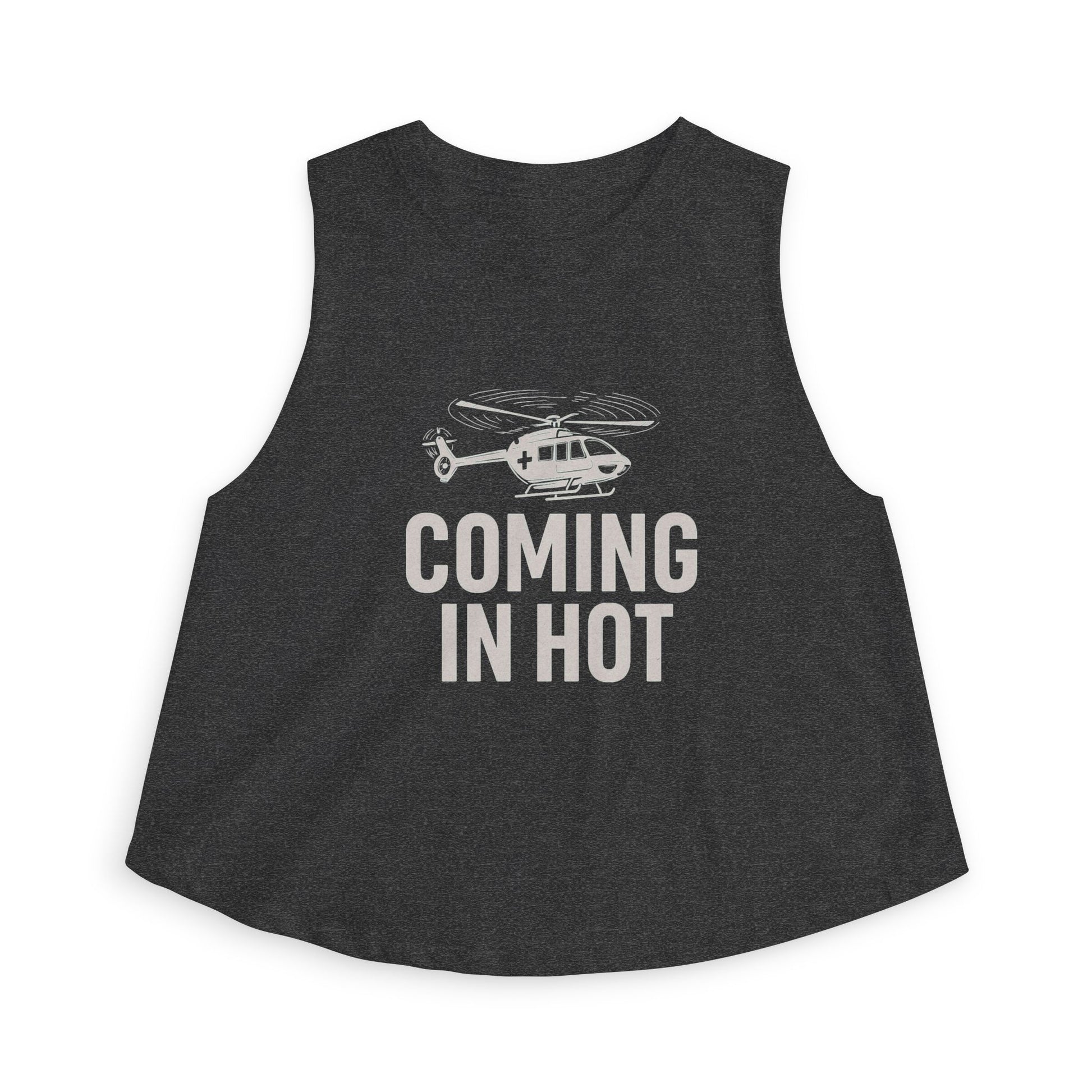 Heather gray sleeveless top with helicopter graphic and 'Coming in Hot' text by Rotor Wash & Wear