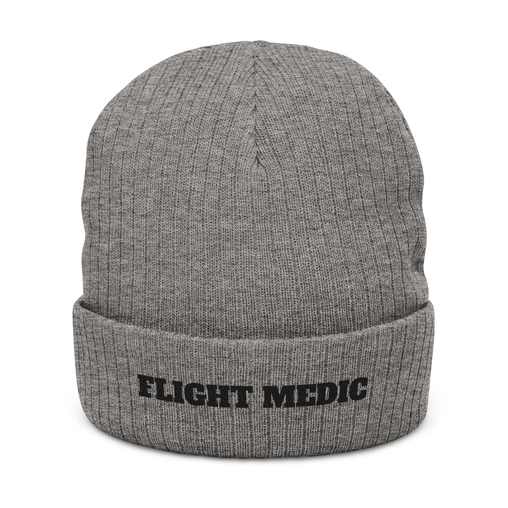 Gray beanie with 'FLIGHT MEDIC' text on a white background