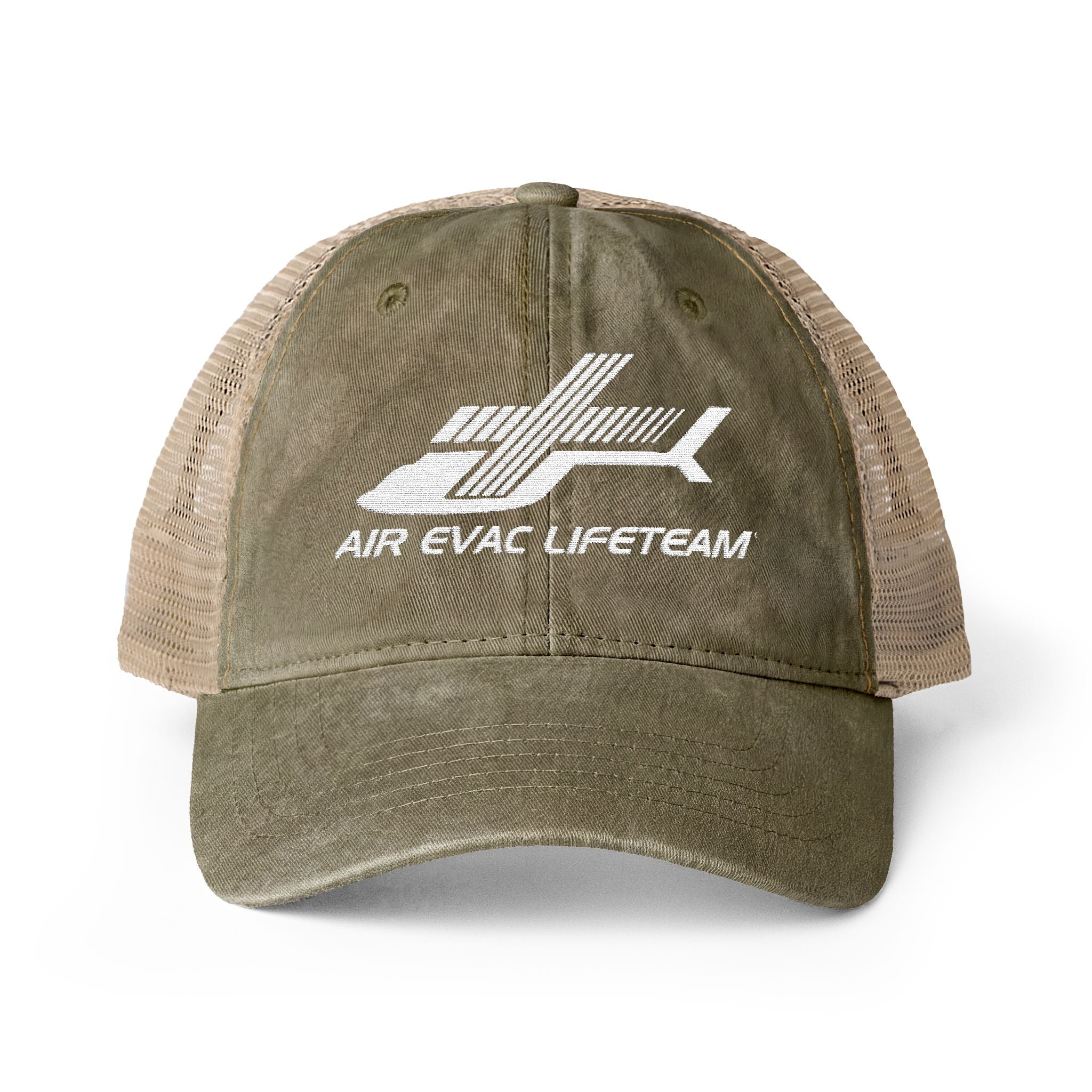Olive green women's trucker hat with beige mesh back and embroidered 'Air Evac Lifeteam' logo on a white background